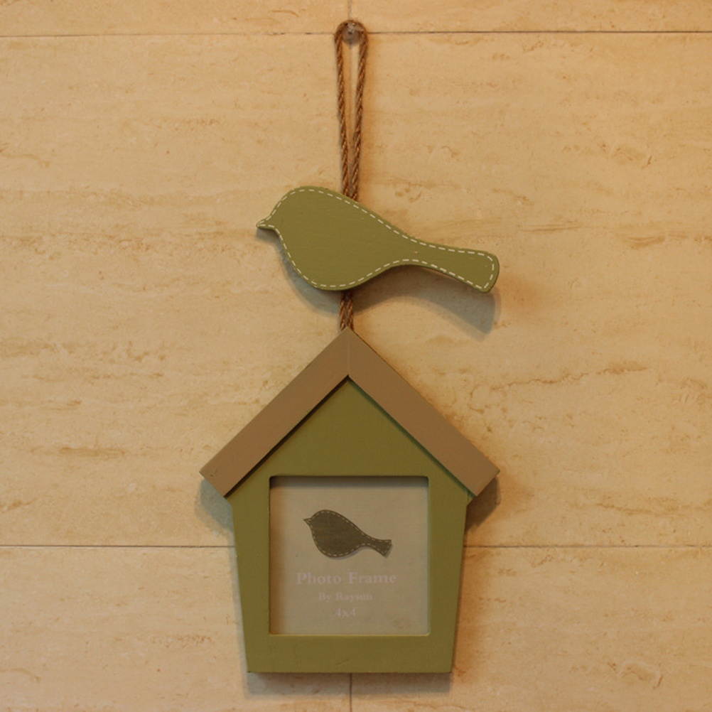Sing Bird House Combination Photo Frame Hangable Wooden Photo Wall with String Decorative Green Picture Frame Gift Home Decor