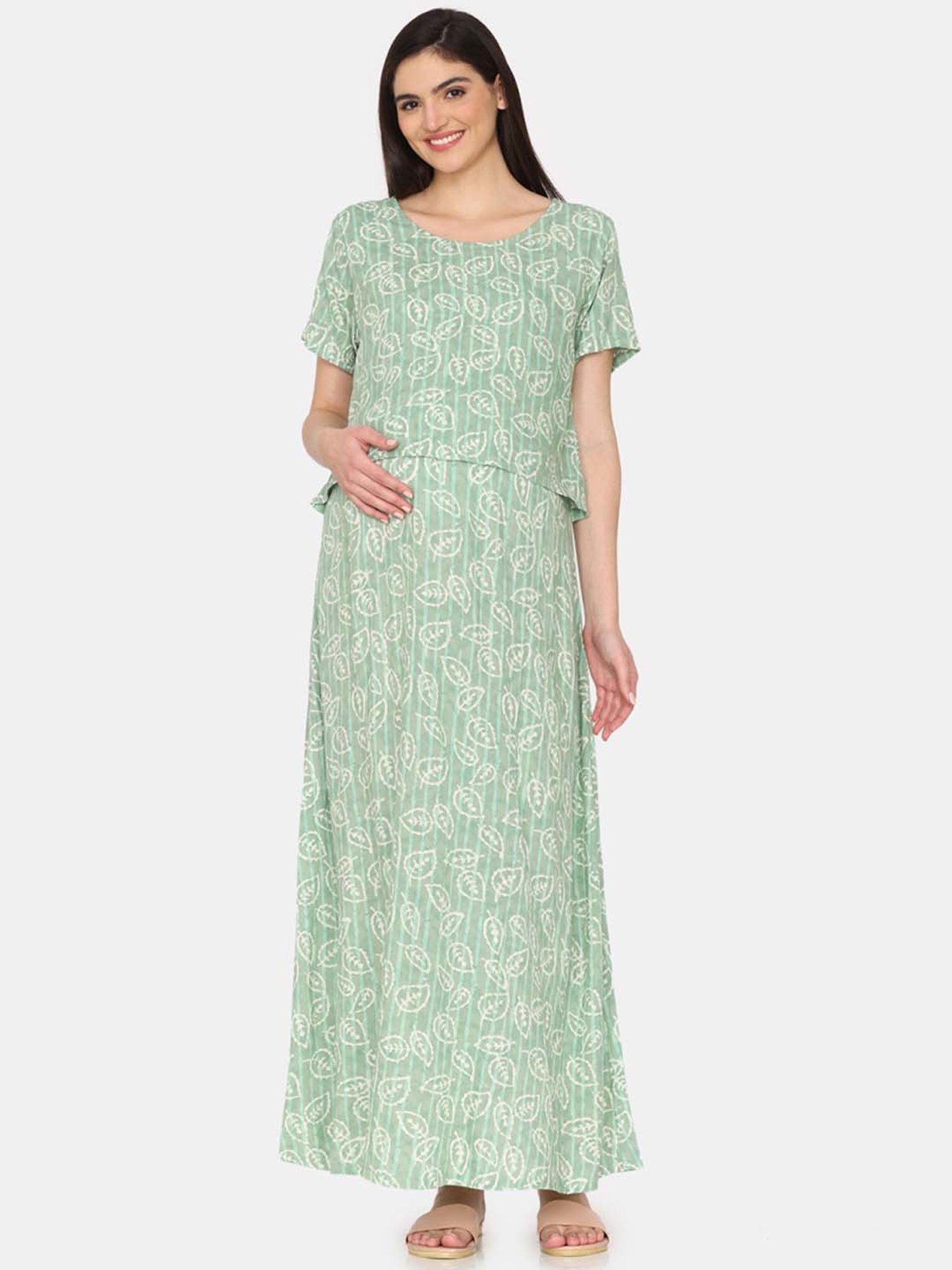 Coucou by Zivame Green Floral Print Maternity Nighty