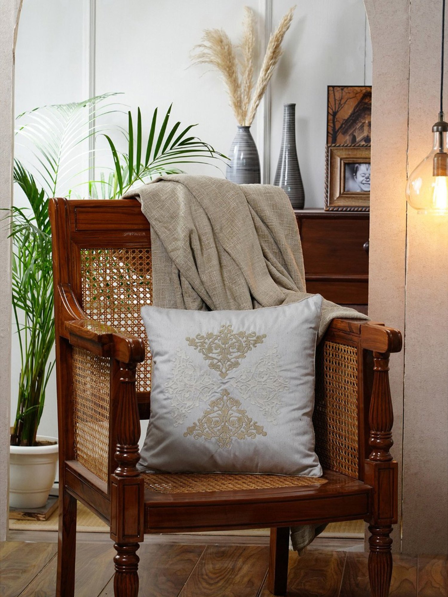 Maspar Embroidery Beige Viscose 45 L x 45 W cm Cushion Cover