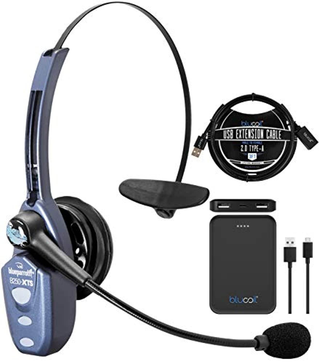 BlueParrott B250-XTS Wireless Bluetooth Headset with 91% Noise Cancellation for iOS and Android Bundle with Blucoil 5000mAh Portable Power Bank, and 3-FT USB 2.0 Type-A Extension Cable (A2146)