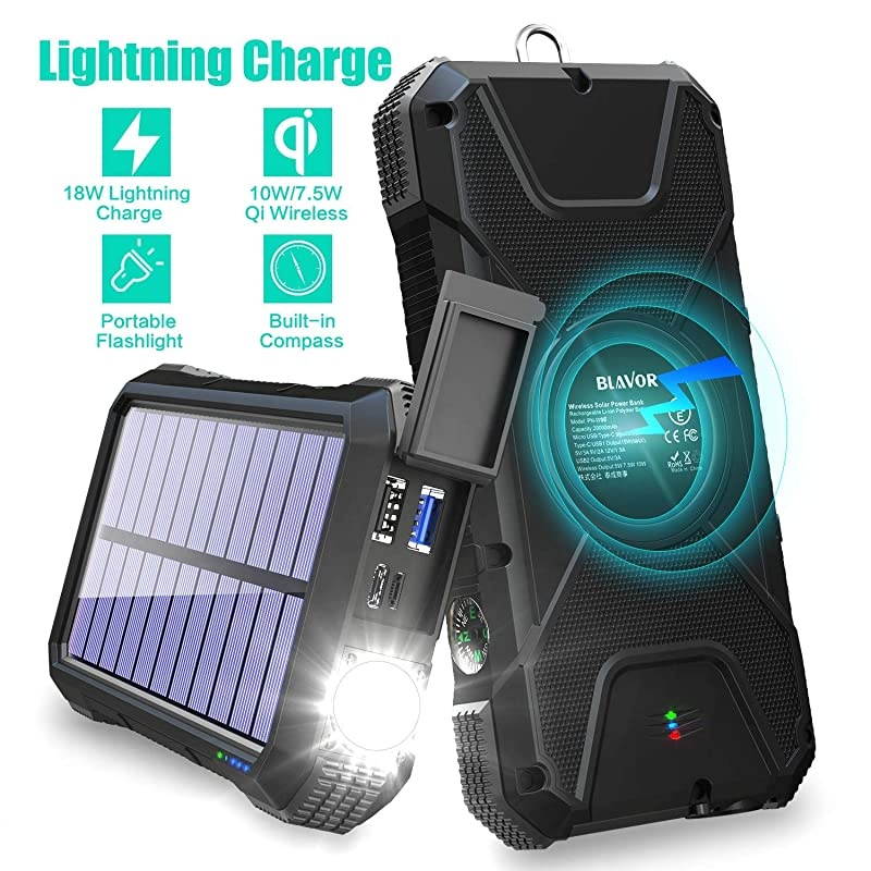 Solar Charger Power Bank 18W, QC 3.0 Portable Wireless Charger 10W/7.5W/5W with 4 Outputs & Dual Inputs, 20000mAh External Battery Pack IPX5 Waterproof with Flashlight & Compass (Black)