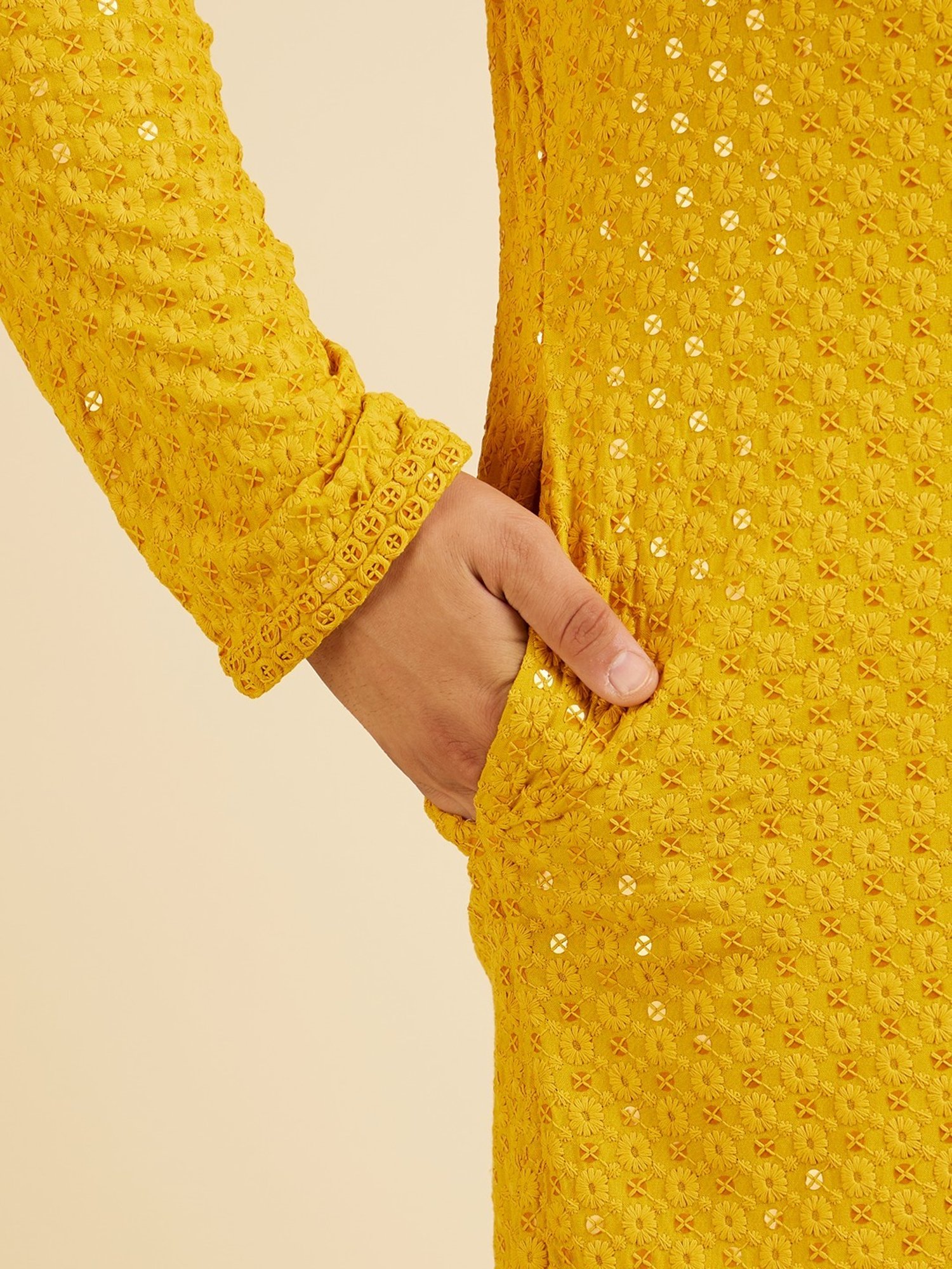 Manyavar Mustard Regular Fit Embroidered Plus Size Kurta and Pyjama Set