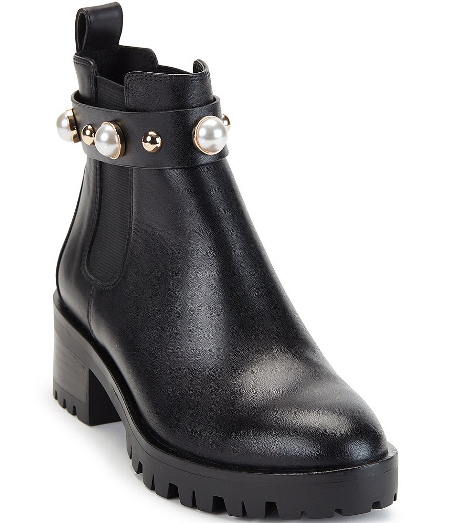 KARL LAGERFELD PARIS Pola Leather Pearl Stud Ankle Strap Lug Sole Chelsea Booties
