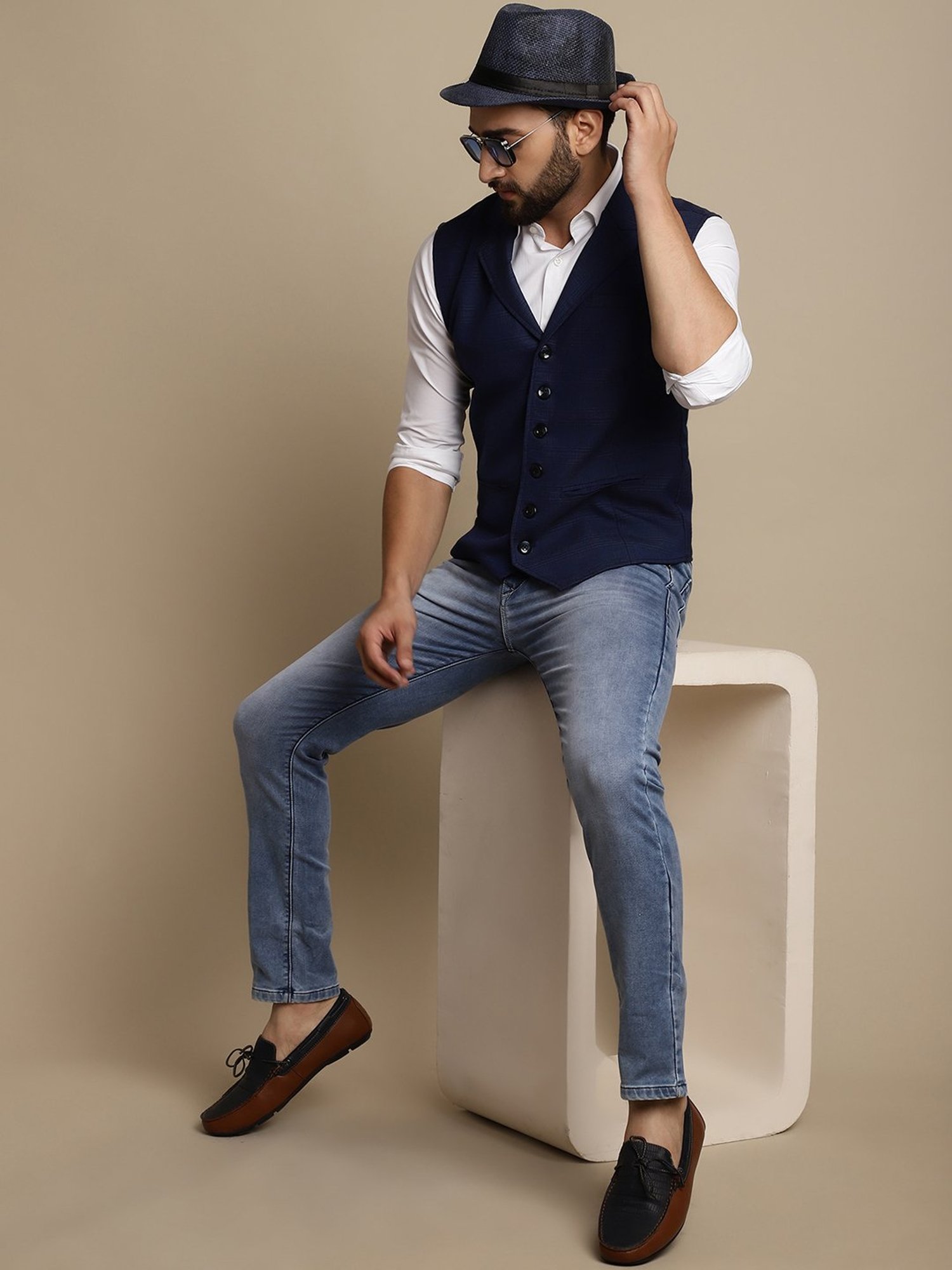 Even Blue Regular Fit Notch Lapel Check Waistcoat