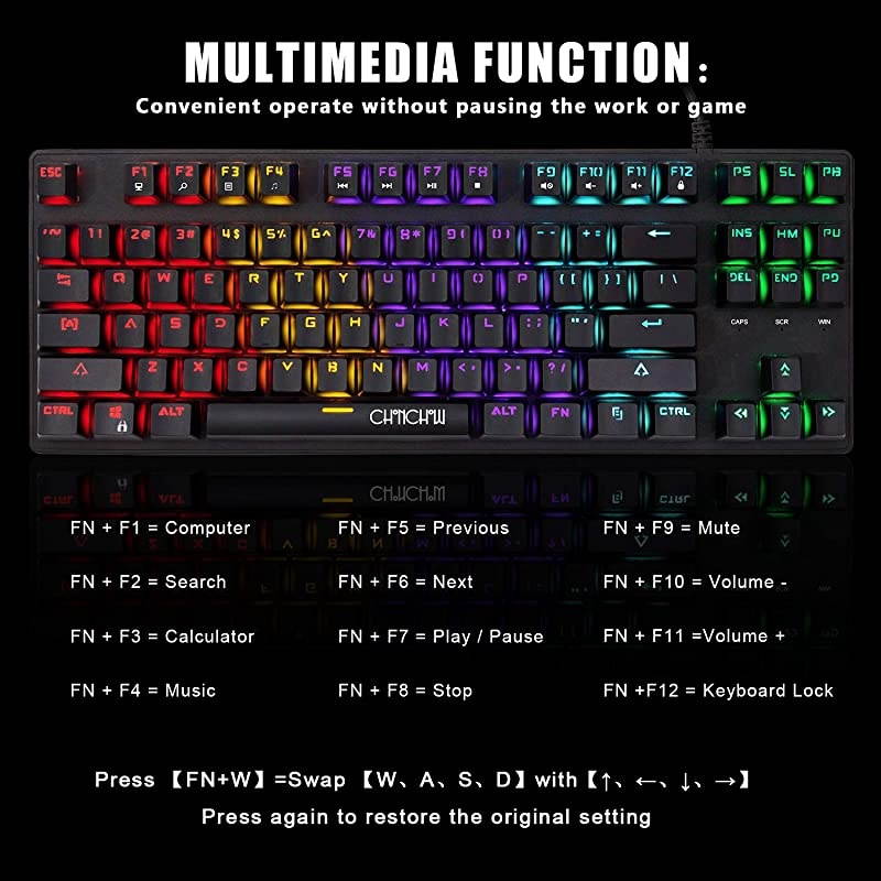 RGB Compact Mechanical Gaming Keyboard  USB Wired 87 Keys Gaming Keyboard LED Rainbow Backlit 60 Tenkeyless Mechanical Gaming Keyboard for PS4 Xbox PC Gamer