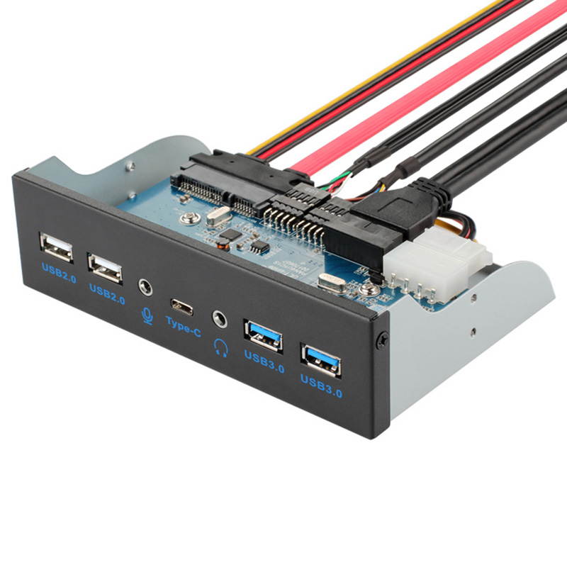 5.25 Inch Front Panel 5 Ports USB Hub w/ HD Audio Output Port & Microphone Input,USB 3.1 Gen 1(5Gbps) Type-C+2 x USB 3.0 & 2 x USB 2.0 w/ Integrate Internal USB 3.0 to 2.5 SATA III Adapter