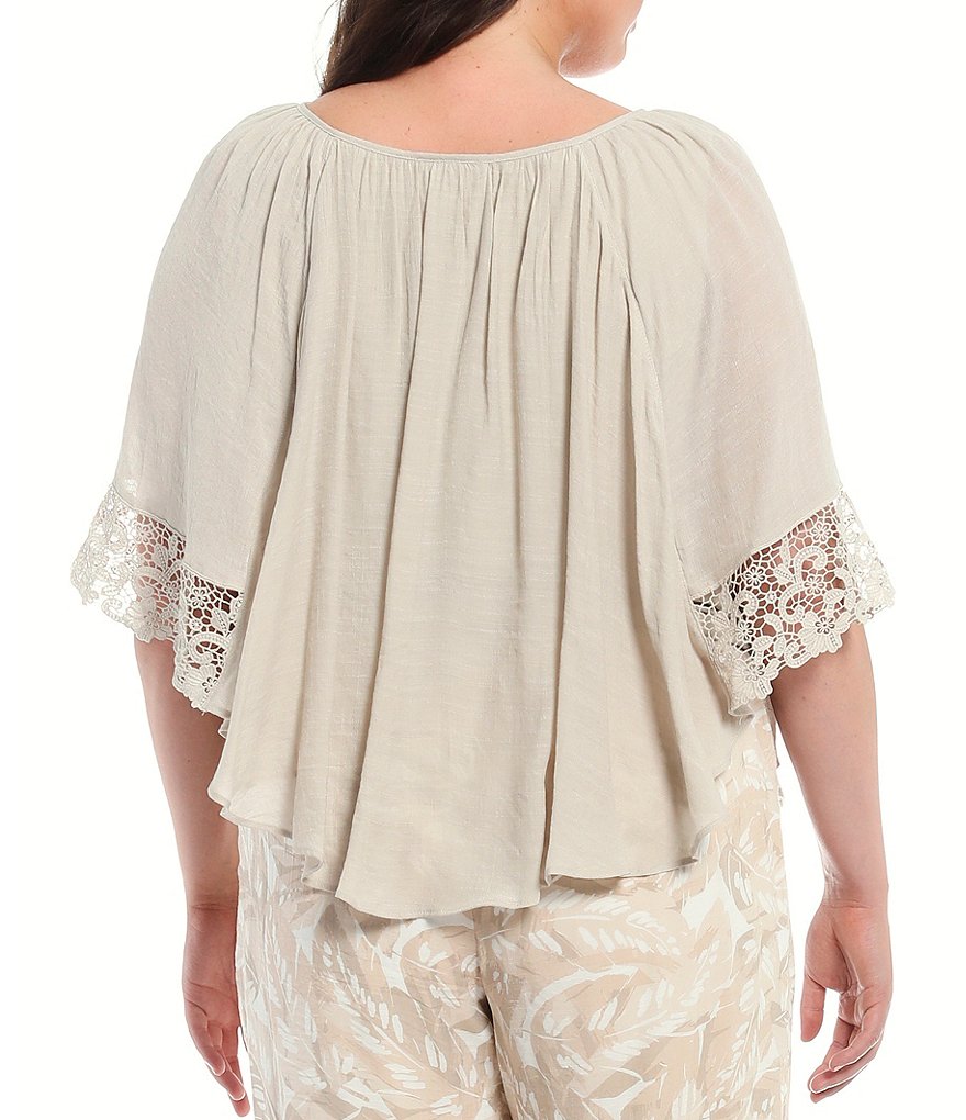 I.N. Studio Plus Size Gauzy Texture Scoop Neck Lace Trim Detail Elbow Short Sleeve Overlay Top