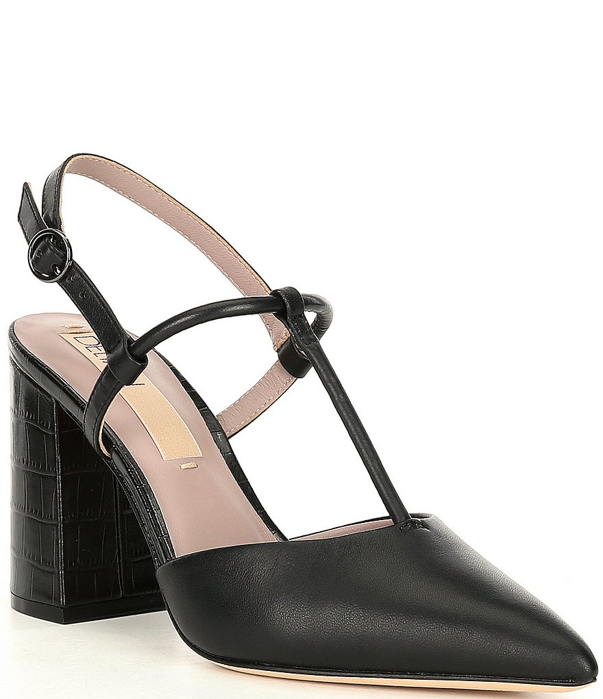 Deltan Tessa T-Strap Croc Embossed Block Heel Pumps