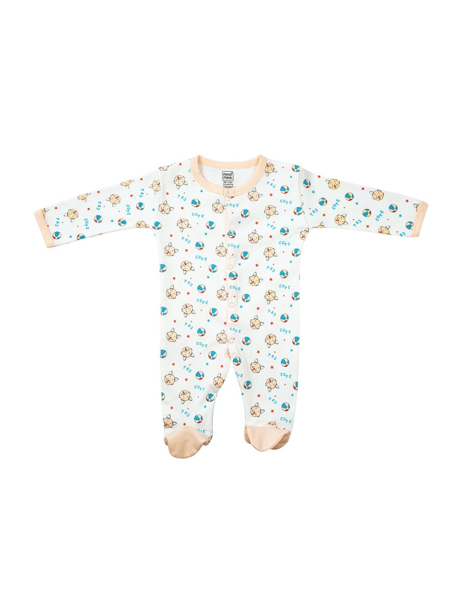 Mee Mee Kids Peach & White Cotton Printed Full Sleeves Bodysuit Set