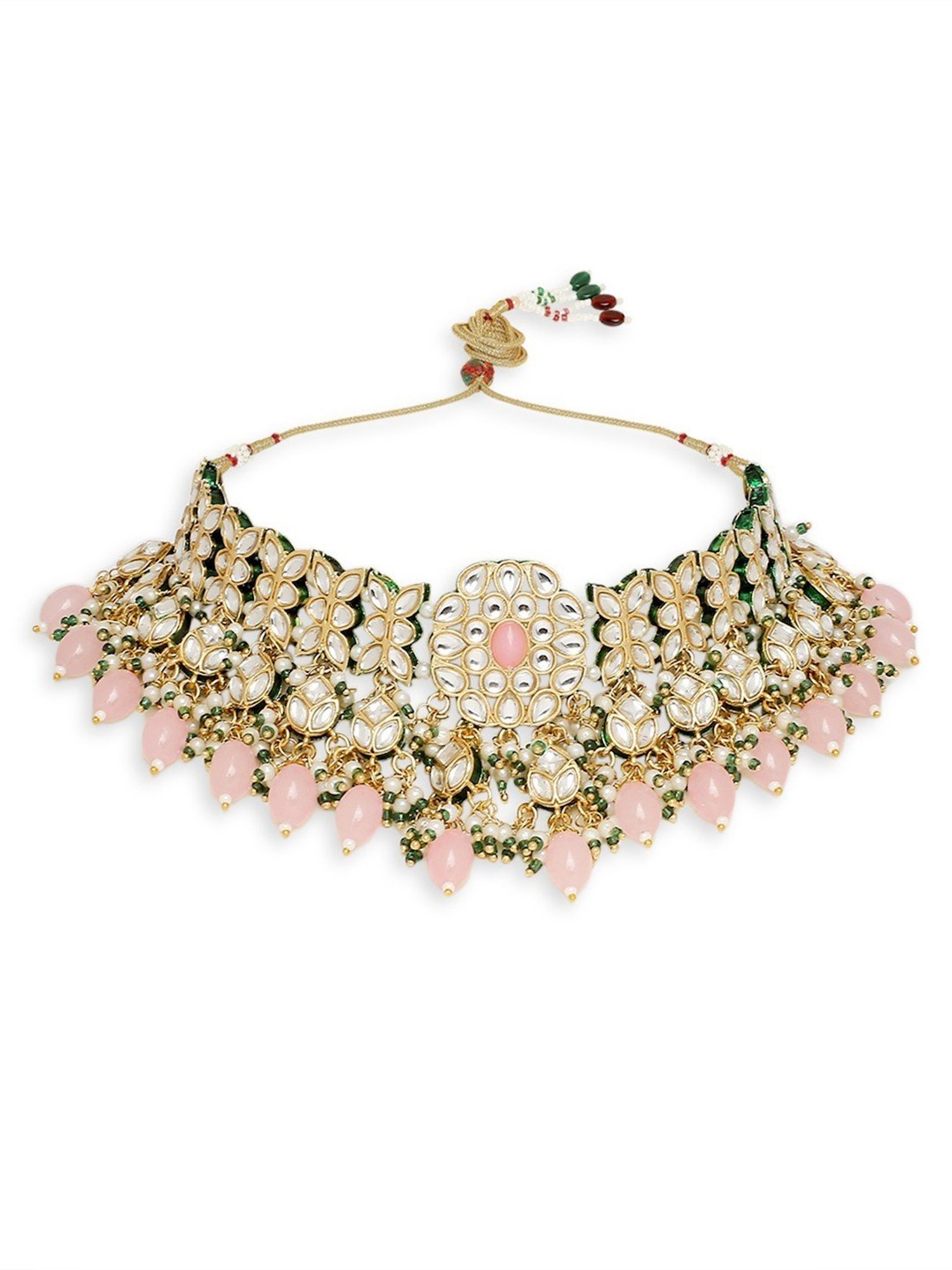 Oomph Pink Jadau Ethnic Necklace, Earring & MaangTikka Set