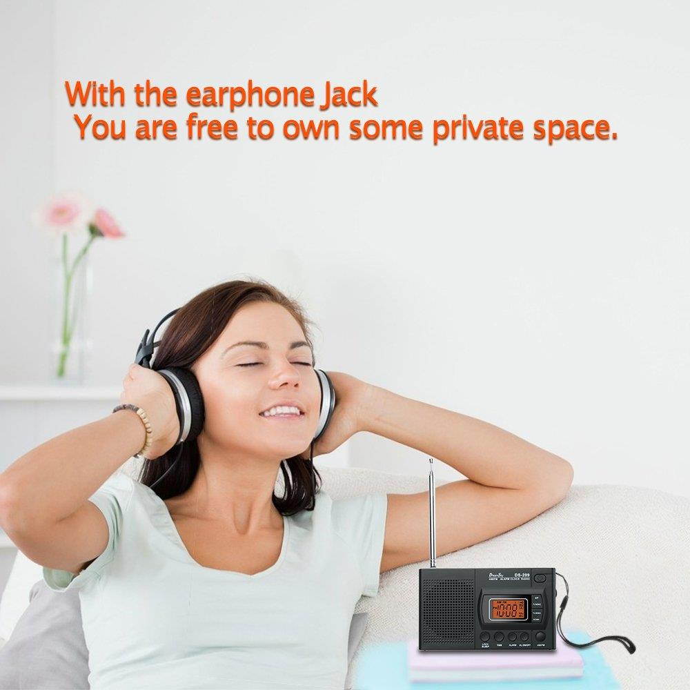 DreamSky Portable AM/FM Radio Alarm Clock, Clear Loudspeaker, Earphone Jack, 12 /24H Time Display with Backlight, Ascending Alarms, Battery Operated, Sleep Timer AA Battery Included.