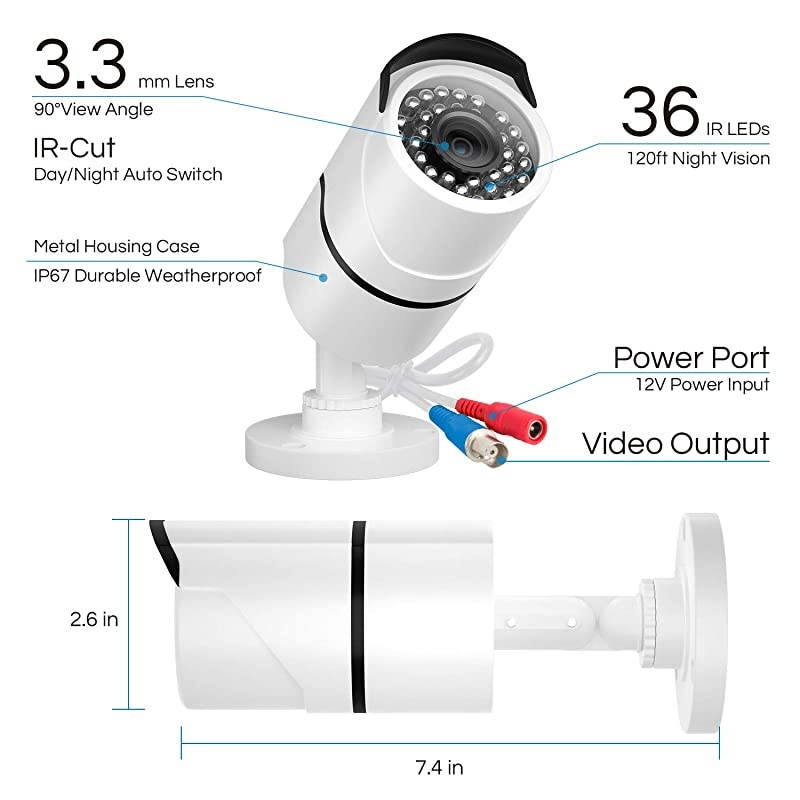 4 Pack 2MP 1080p HDTVI Home Security Camera Outdoor Indoor 1920TVL24PCS LEDs80ft Night Vision 90&deg;View Angle Weatherproof Outside Surveillance CCTV Bullet Camera with Metal Aluminum Materials