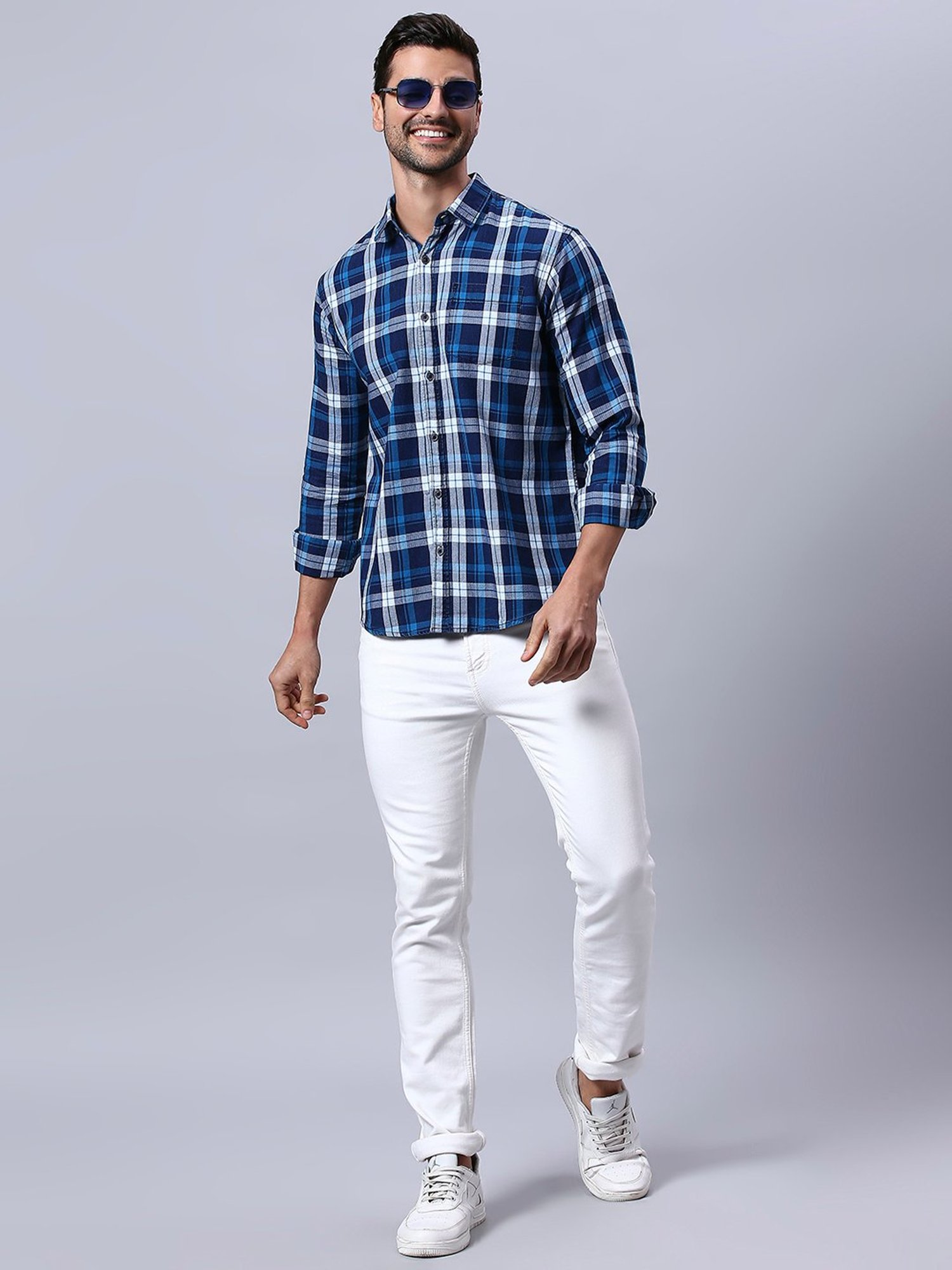HJ HASASI Blue Slim Fit Check Cotton Shirt