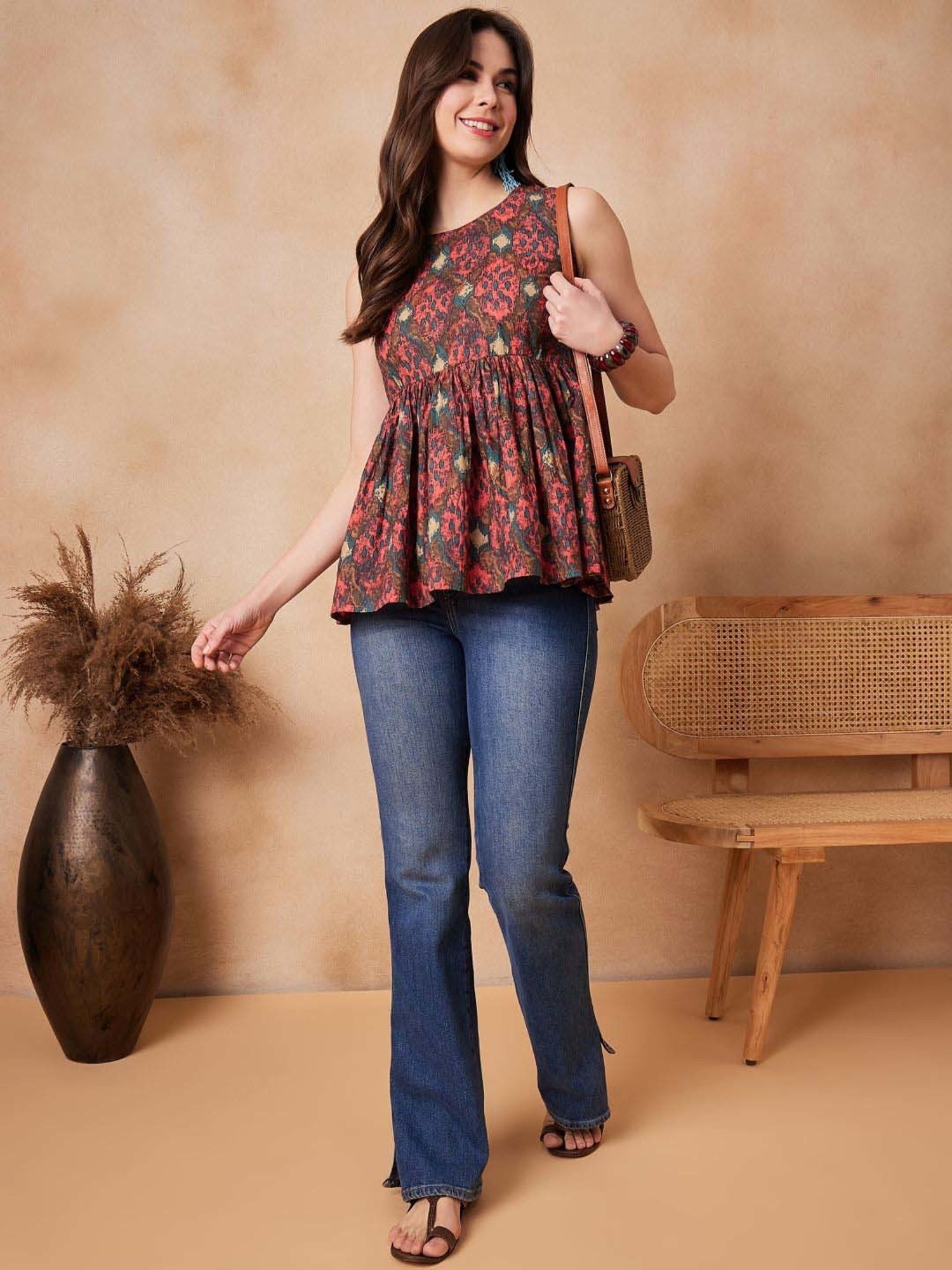 Inweave Coral & Brown Cotton Printed Top