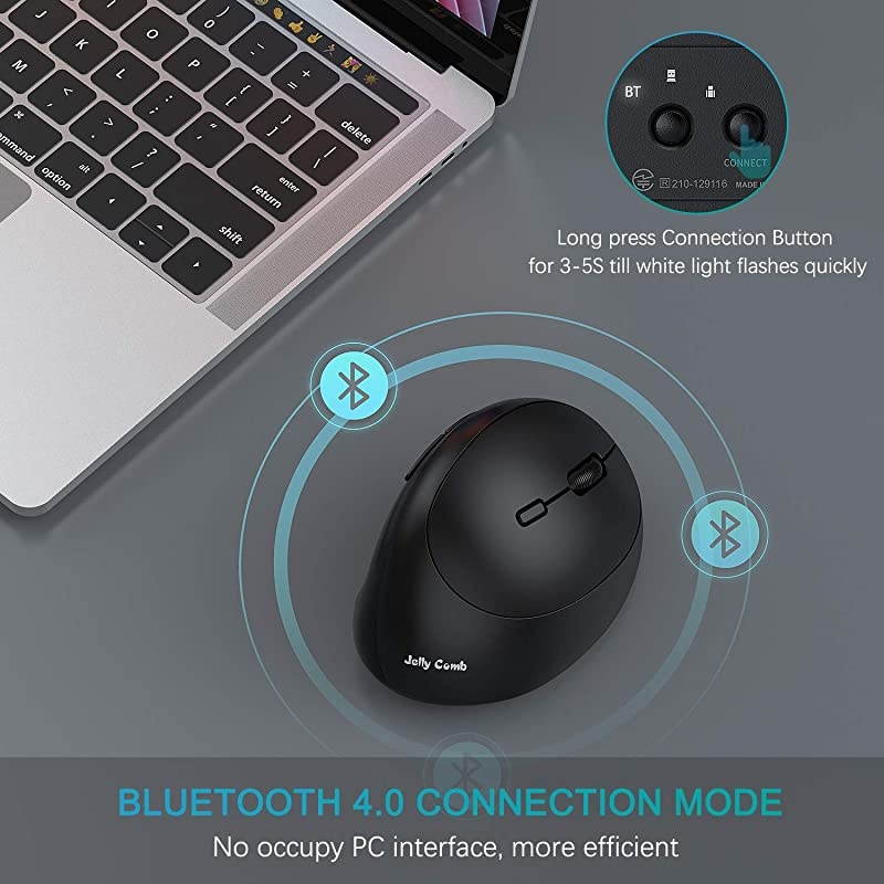 Vertical Wireless Mouse,  Ergonomic Mouse Reduces Wrist Strain, Easy Switch Between 3 Computers with Bluetooth, USB or Type C Connection, Rechargeable - MV09D (Black)