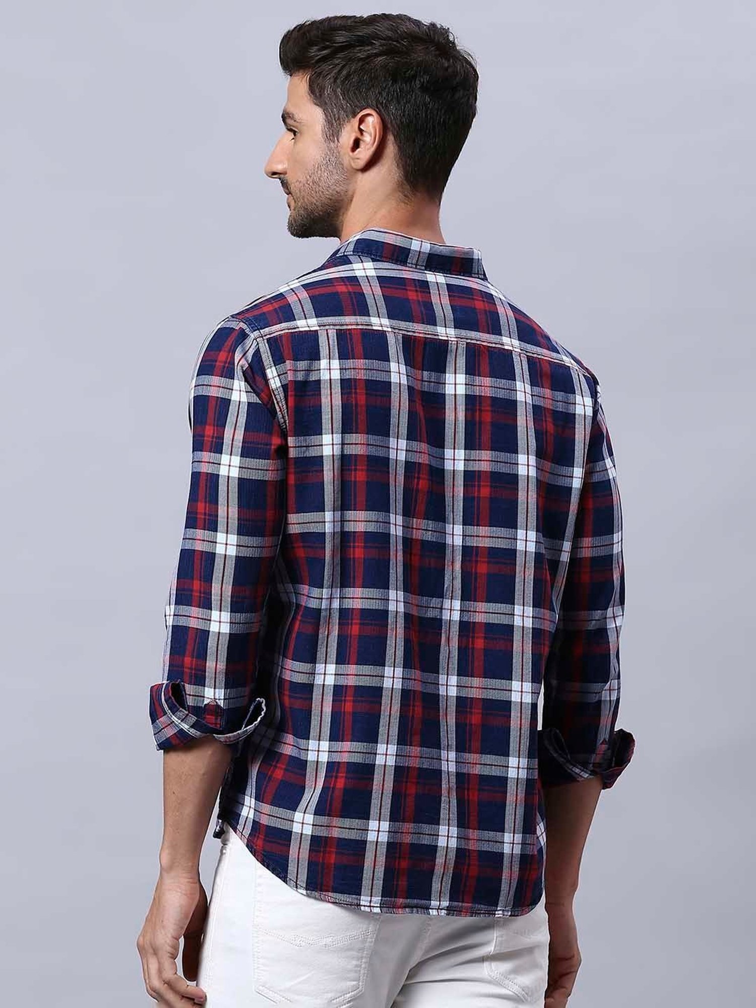 HJ HASASI Blue Slim Fit Check Cotton Shirt