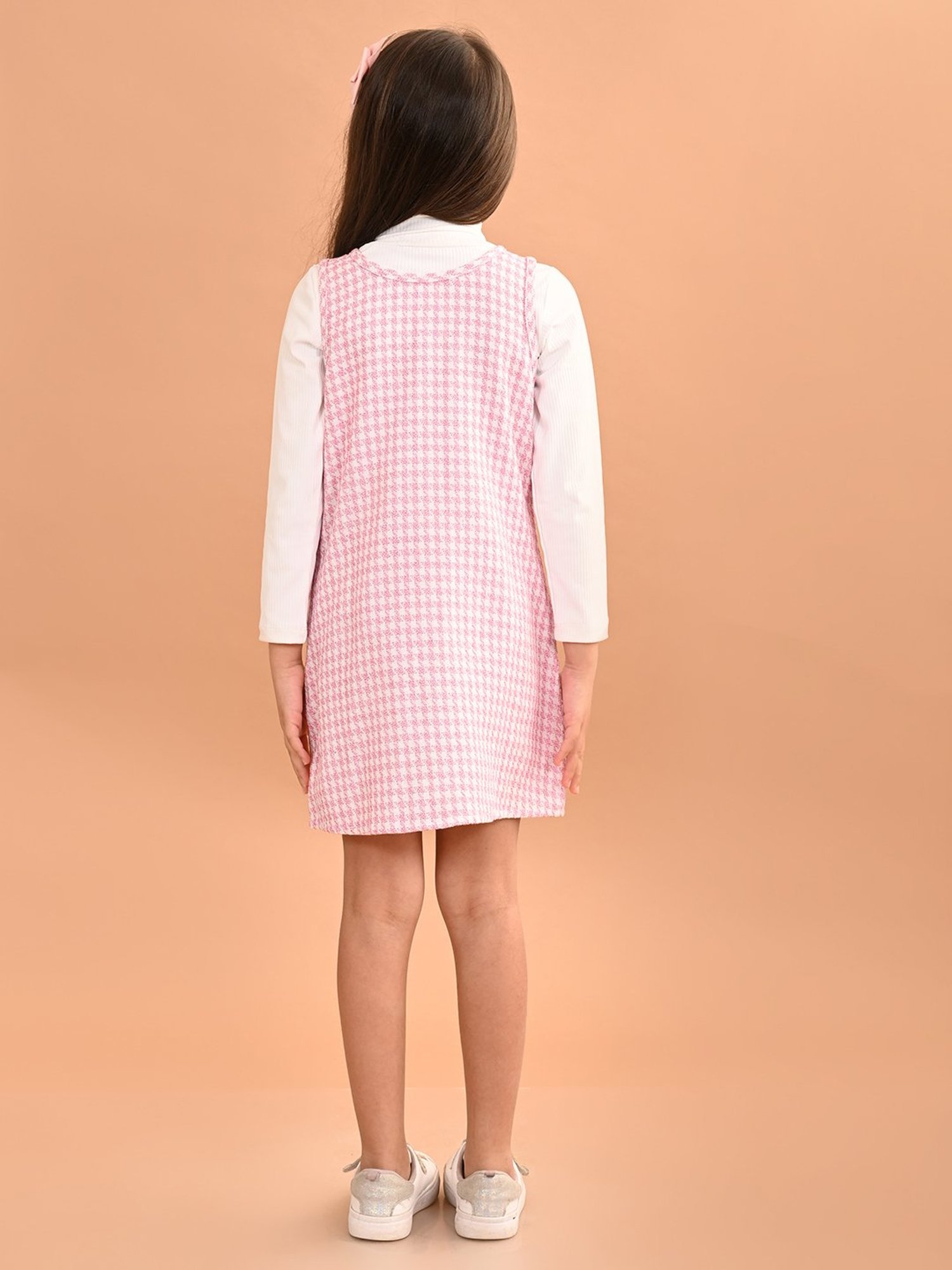 LilPicks Kids Pink & White Printed Full Sleeves Dungaree Dress with Top