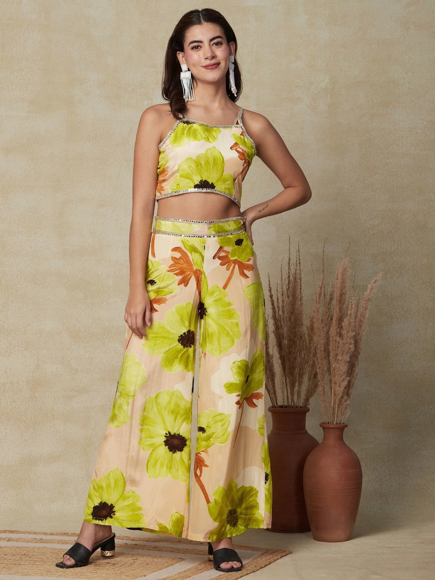 Fashor Beige Floral Print Crop Top Palazzo Set With Jacket