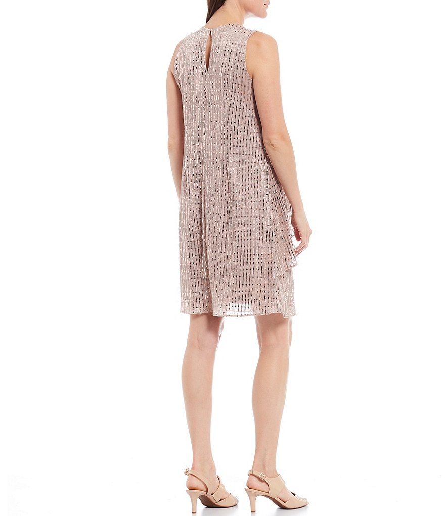 Leslie Fay Keyhole Neck Sleeveless Ruffle Detail Sequin Knit Dress