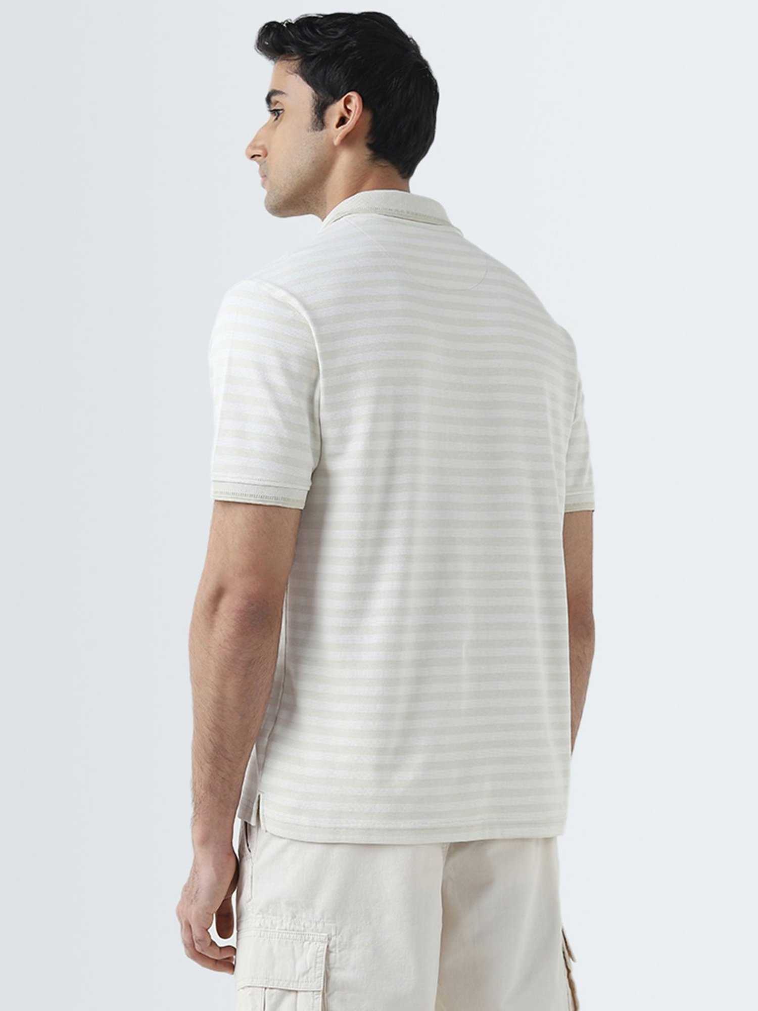 WES Casuals by Westside Beige Stripe Design Relaxed-Fit Polo T-Shirt