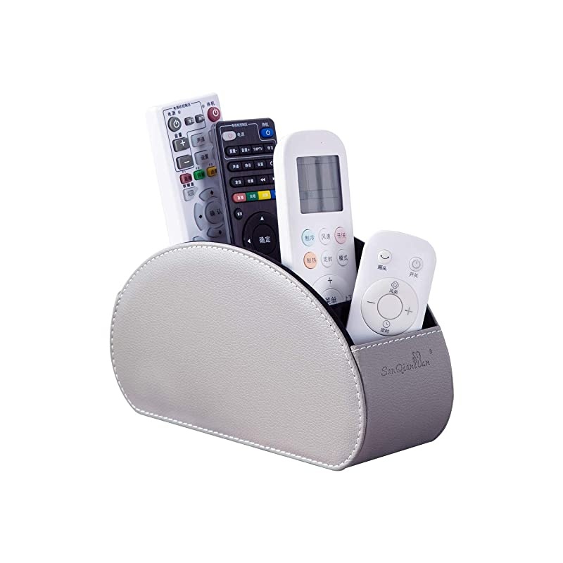 Remote Control Holders Organizer Box with 5 Compartment PU Leather Multi-functional Office Organization and Storage Caddy Store Remote Holders,Brush,Pencil,Glasses and Media Player (2GARY)