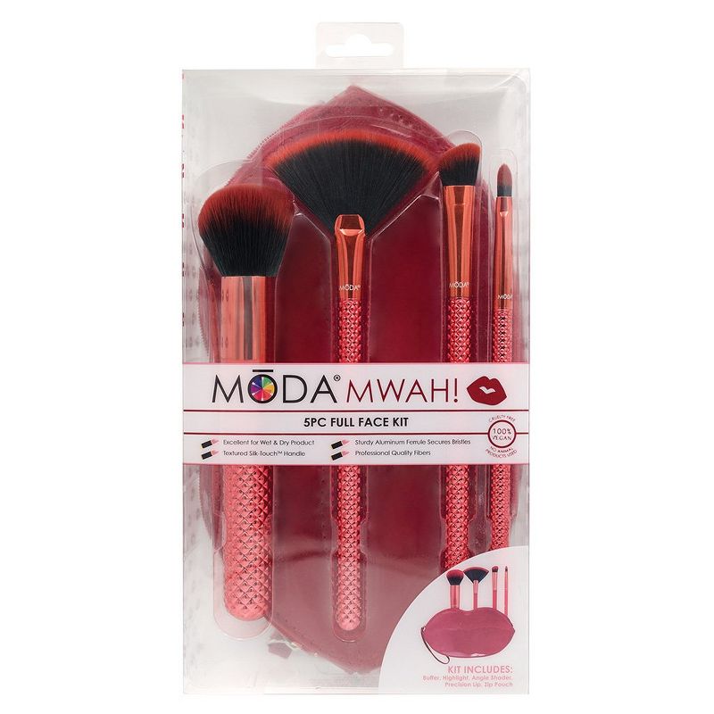 MODA Brush MWAH! 5pc Full Face Metallic Red Makeup Brush Set with Exclusive Lip Zip Case, Includes - Buffer, Highlight, Angle Shader, and Precision Lip Brushes