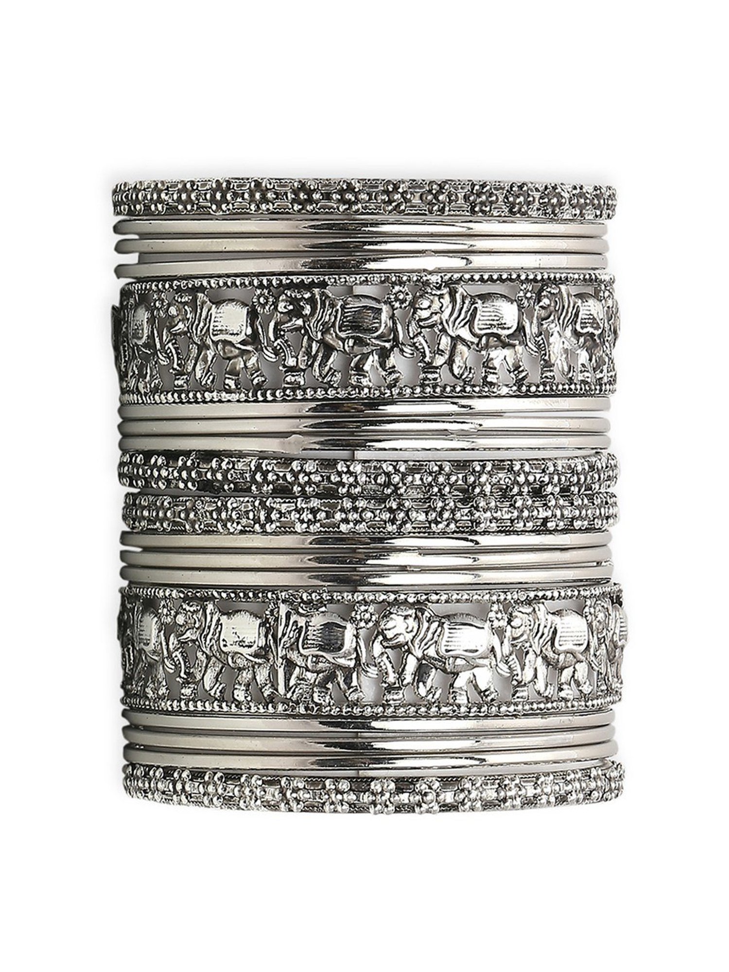 Oomph Oxidized Silver Elephant Design Classic Bangles - Set of 18