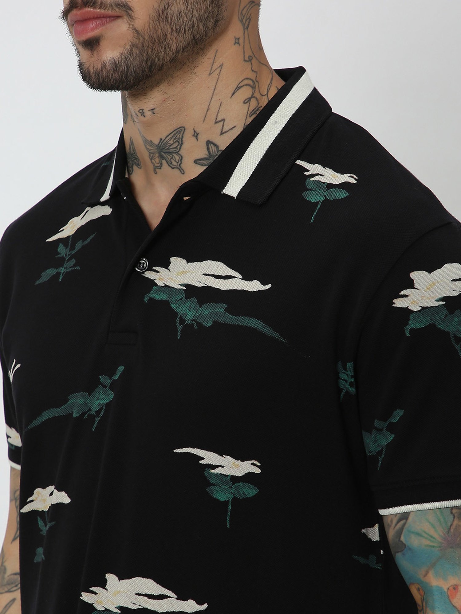 Mufti Black Slim Fit Floral Print Cotton Polo T-Shirt