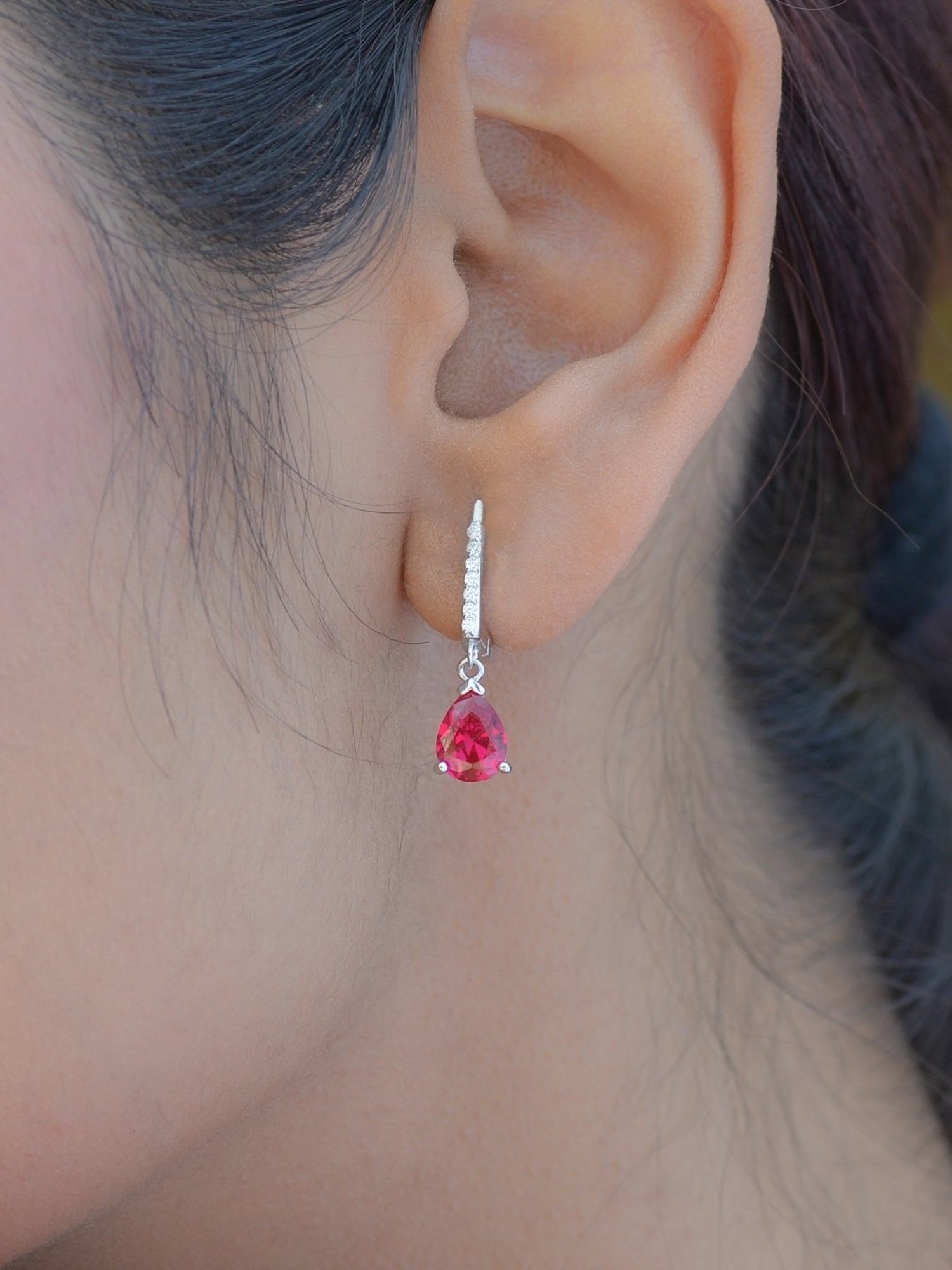 925 Silver Pear Red Ruby and American Diamond Dangler Earrings for Women & Girls