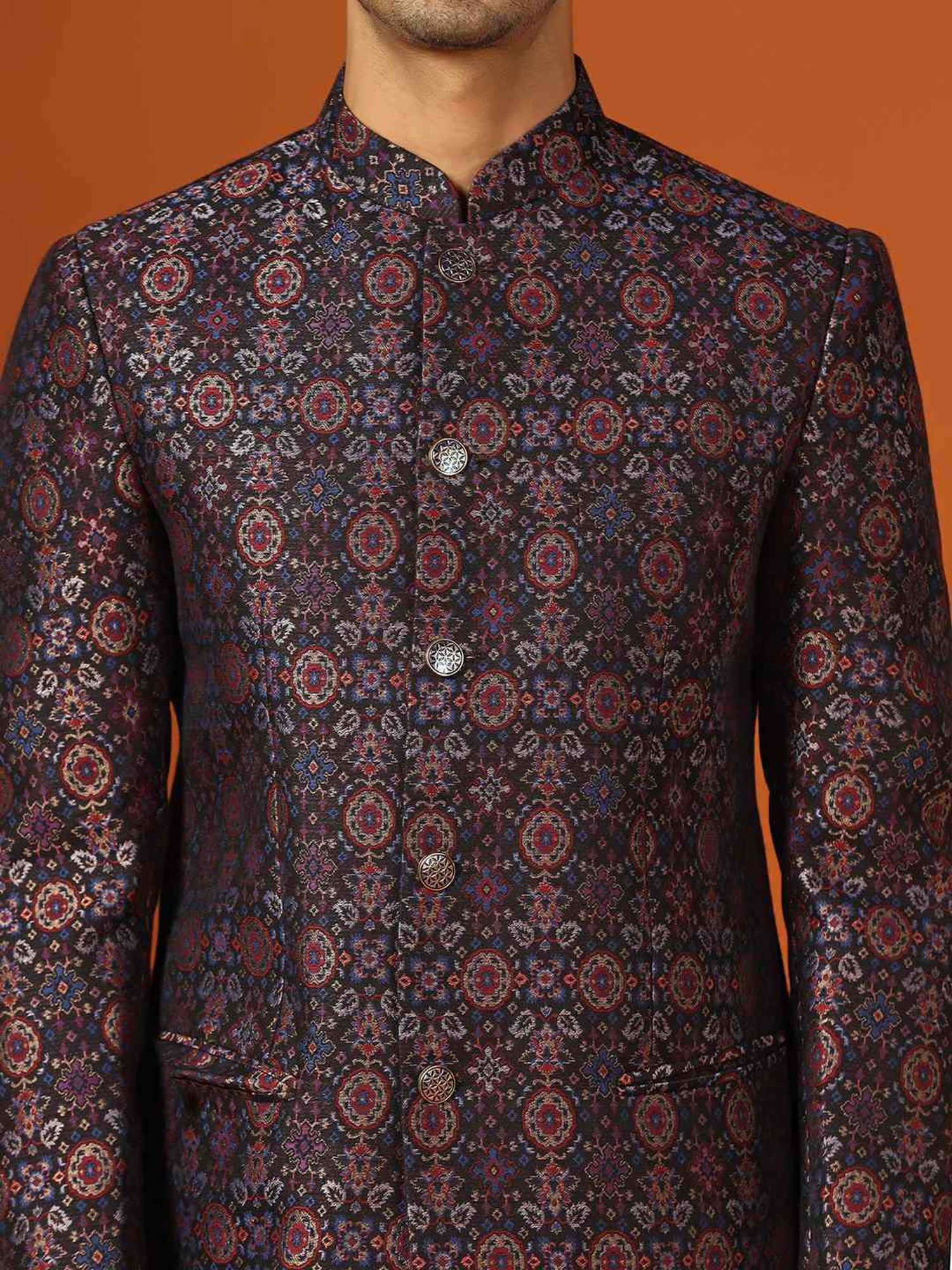 KISAH Black Regular Fit Self Pattern Sherwani Set