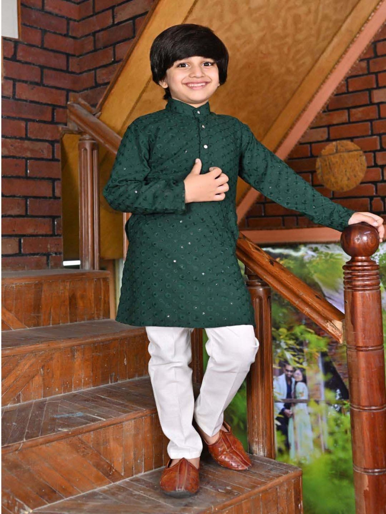 Ahhaaaa Kids Green Cotton Embellished Full Sleeves Kurta Set