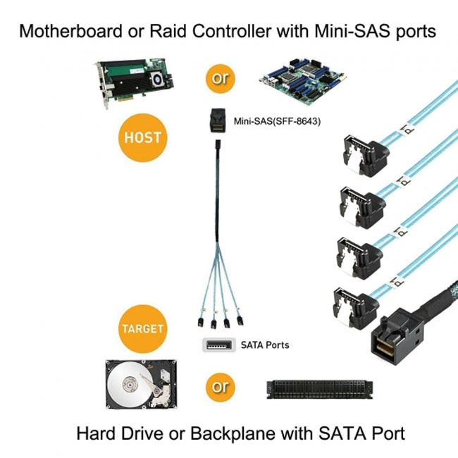Jimier Internal Mini SAS SFF-8643 Host to Angled 4 SATA Target Hard Disk 6Gbps Data Server Raid Cable 1m SF-064-1.0M