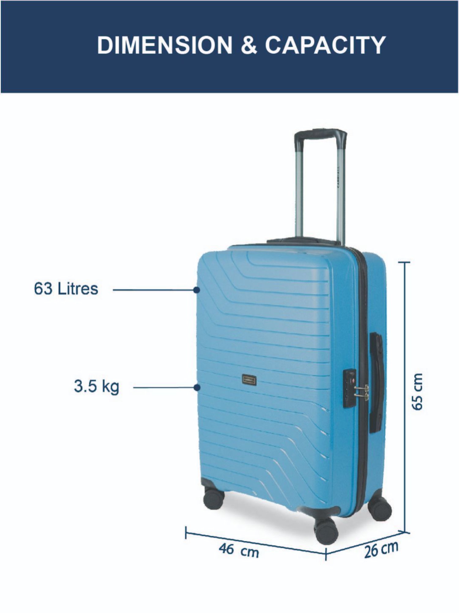 Carriall Blue 8 Wheel Medium Hard Checked Luggage - 46 cm