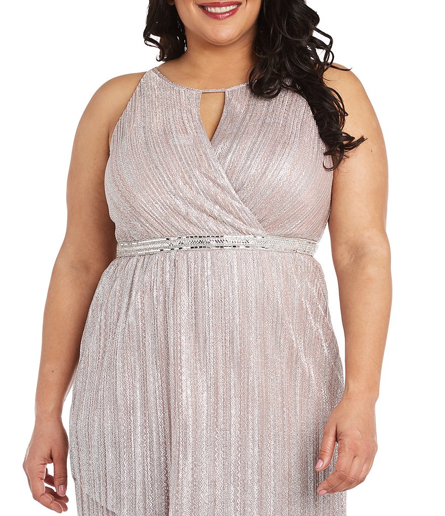 R & M Richards Plus Size Crinkle Metallic Halter Neck Sleeveless Gown