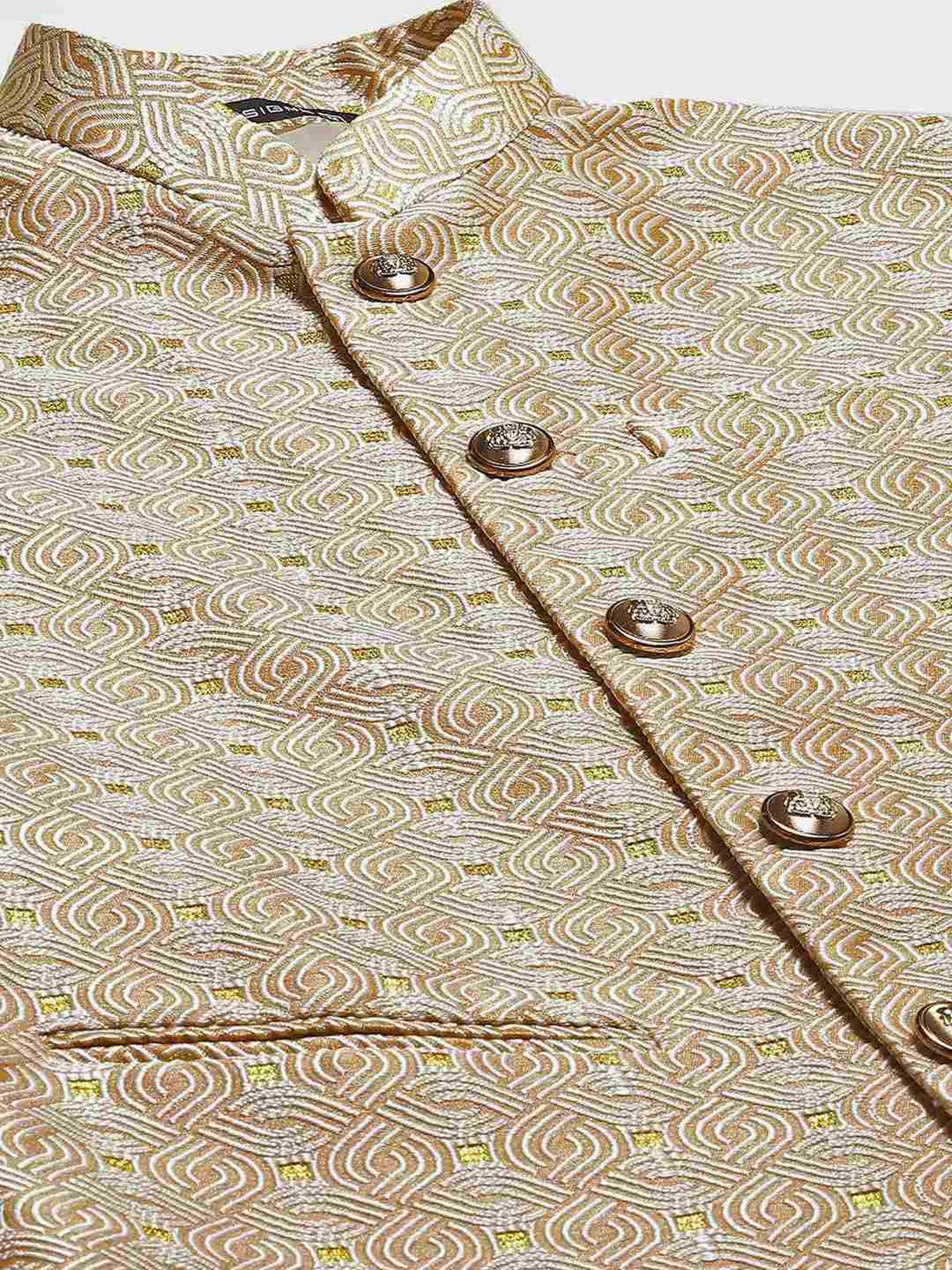 See Designs Gold Regular Fit Self Pattern Nehru Jacket