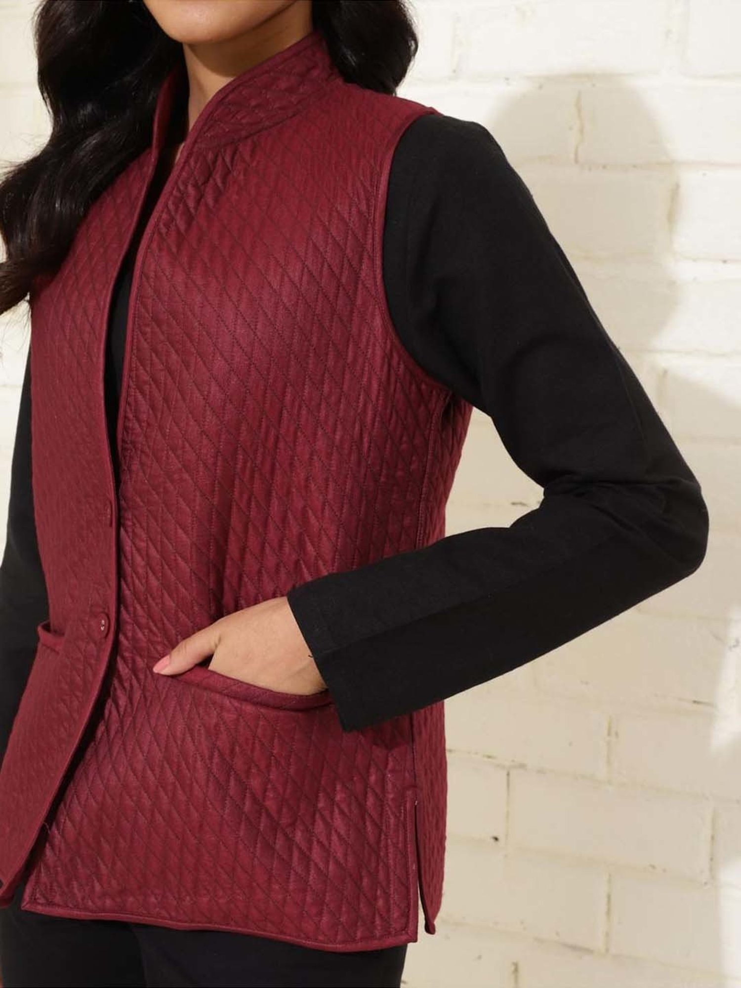 Fabindia Maroon Quilted Nehru Jacket