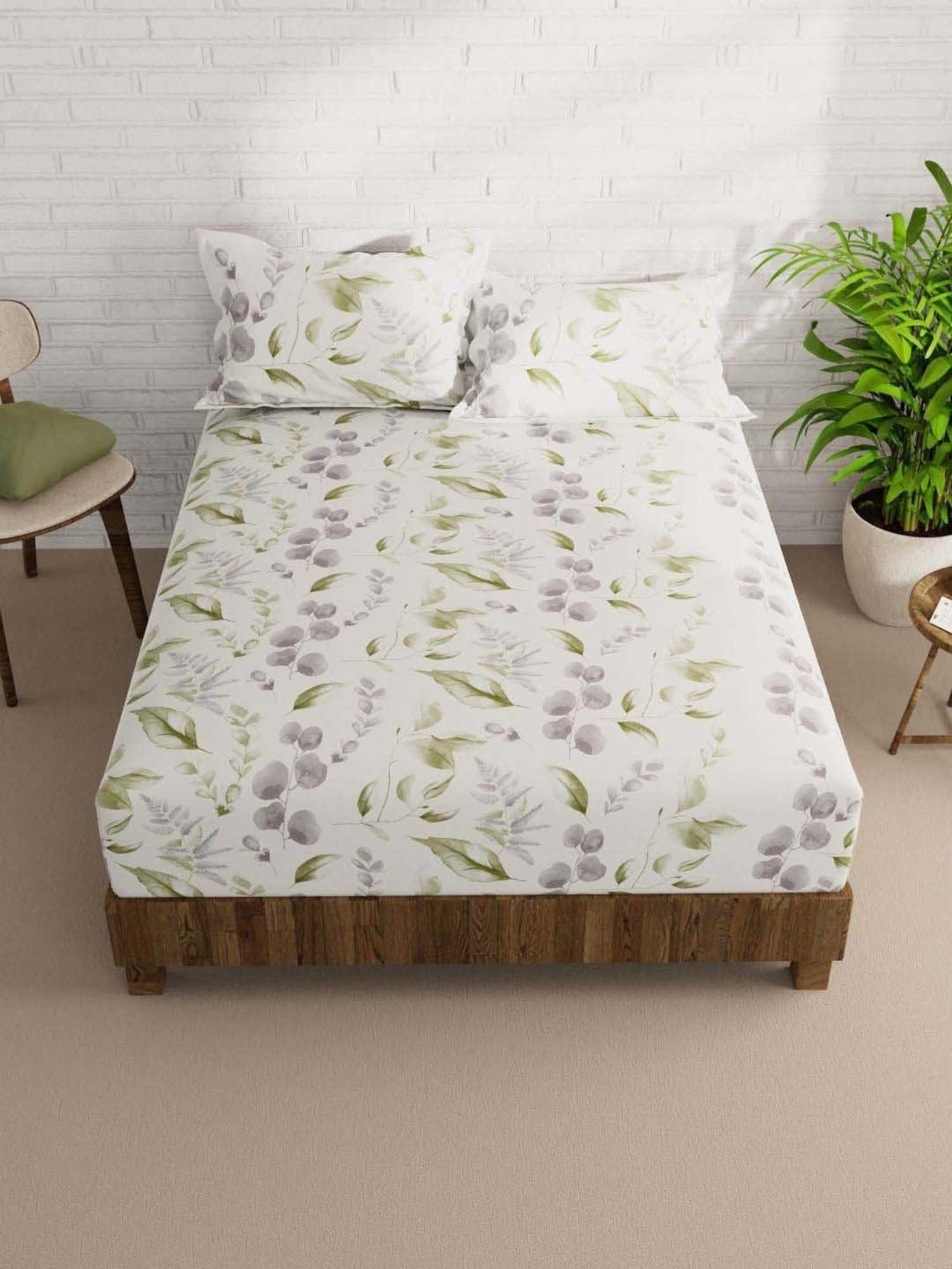 Bianca La-vogue White & Olive Microfibre 152 TC Extra Smooth Double Size Bed Sheet with Pillow Cover