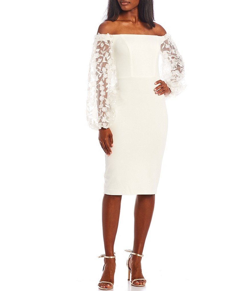 Xscape Short Scuba Crepe Raised Flower Sleeve Off-the-Shoulder Sheath Dress