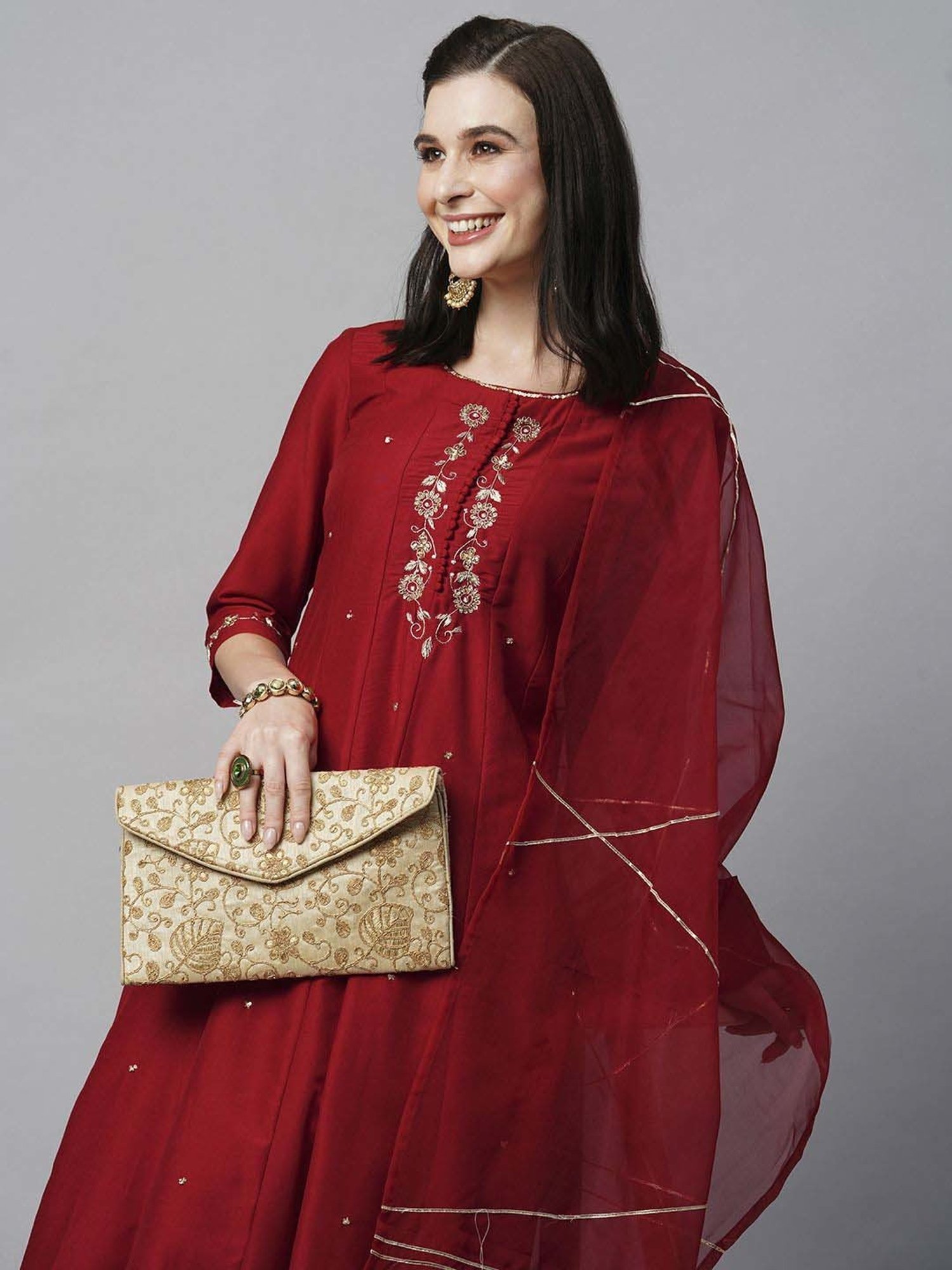 Heeposh Red Embroidered Kurta Pant Set With Dupatta