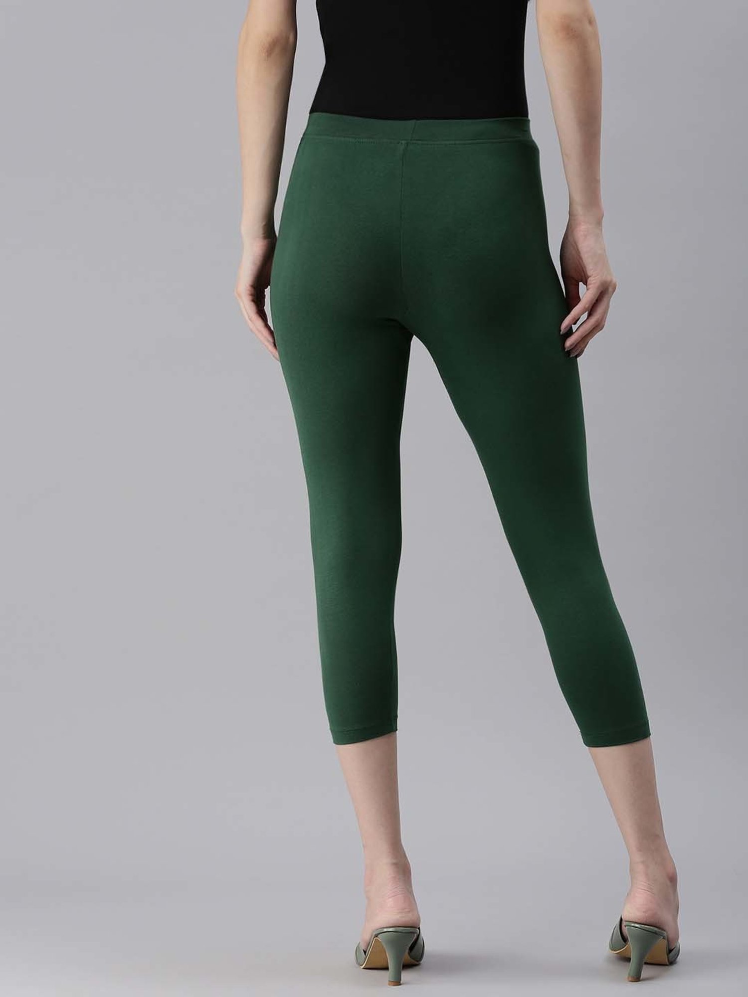 Kryptic Maroon & Green Cotton Soild Crop Length Leggings - Pack Of 2