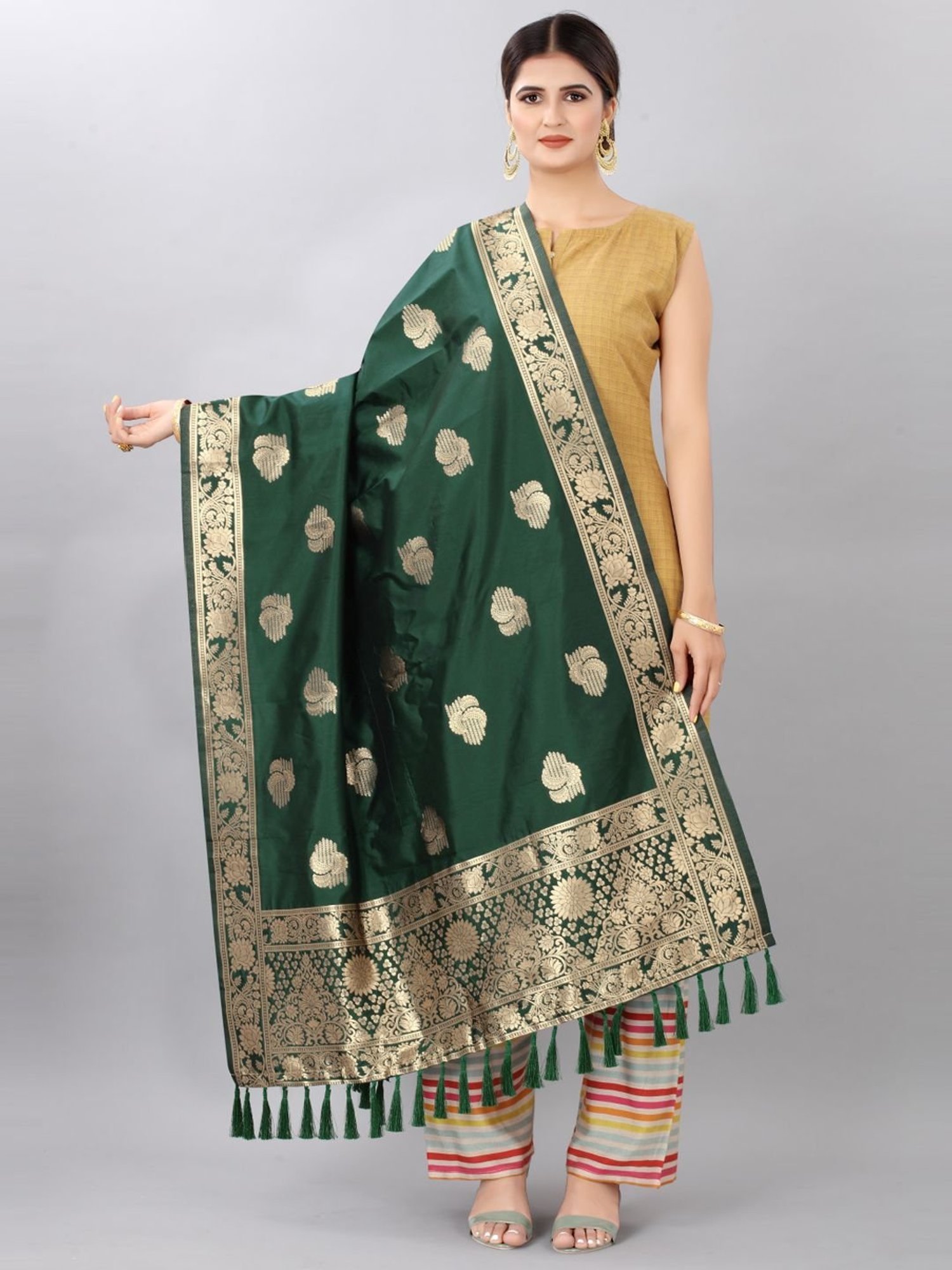 Silk Land Green Woven Pattern Dupatta