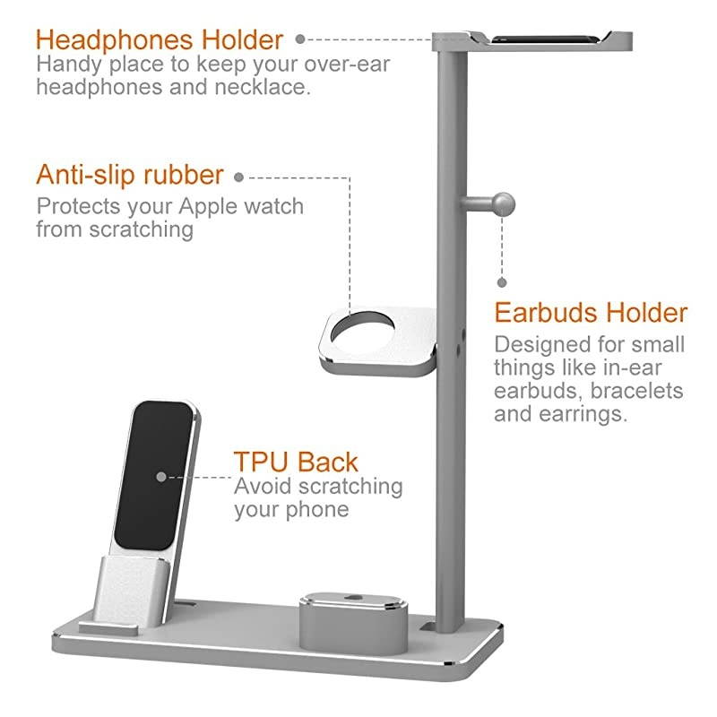 Watch Stand Compatible for Apple Phone Dock Stand Station Headphones Stand Headset Dock for Apple Watch Series 2/1 AirPods Phone Xs X Max XR 7 7plus 6s 6plus iPad (Silver)