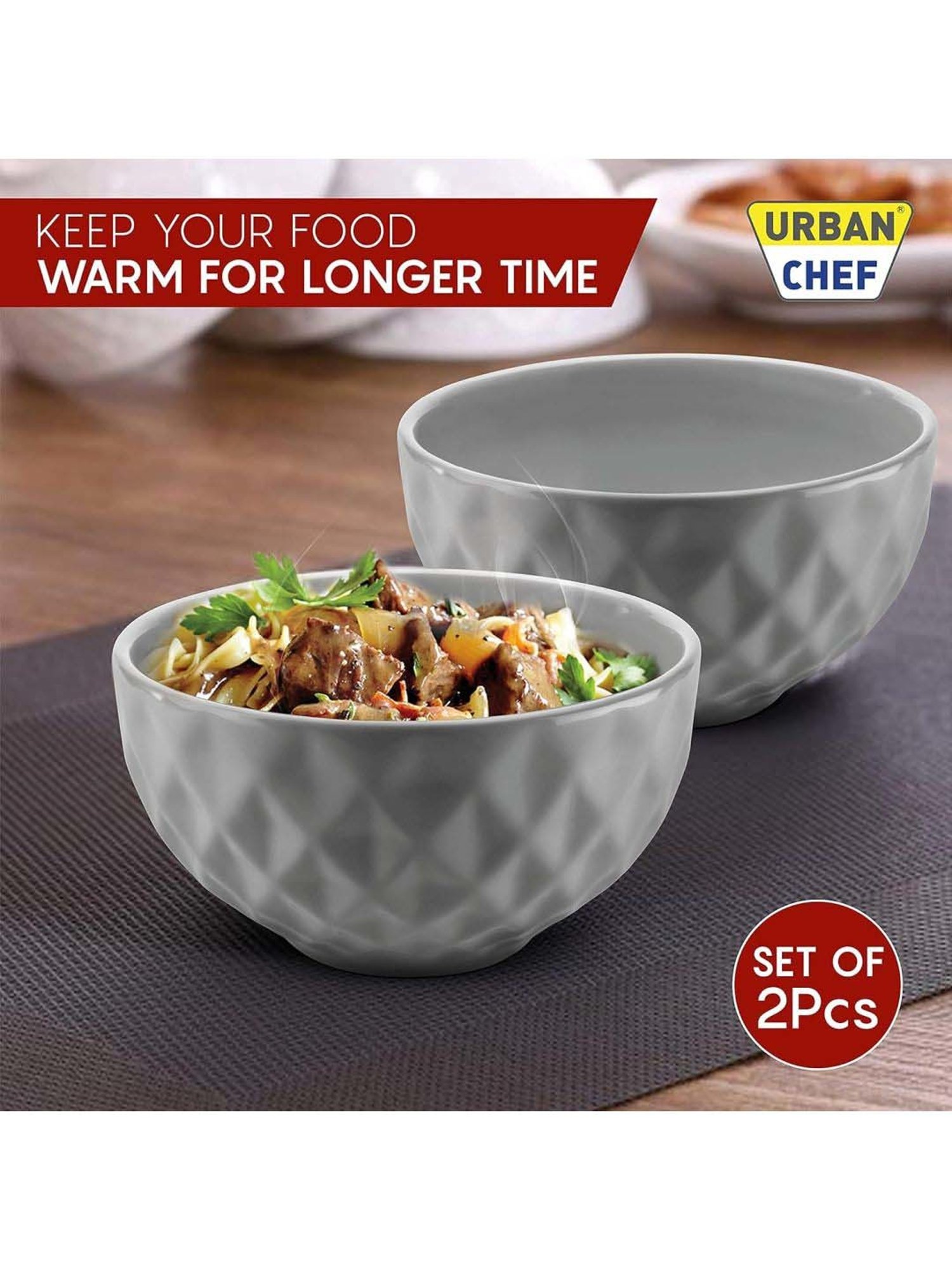 Urban Chef Grey Ceramic Handcrafted Microwave Safe Bowl (0.5 L) - Set of 2