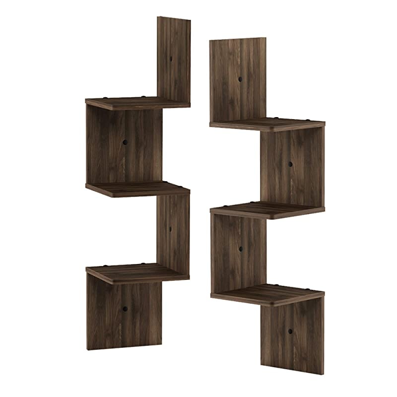 Rossi 3-Tier Set of 2 Wall Mount Floating Corner Square Shelf, Columbia Walnut