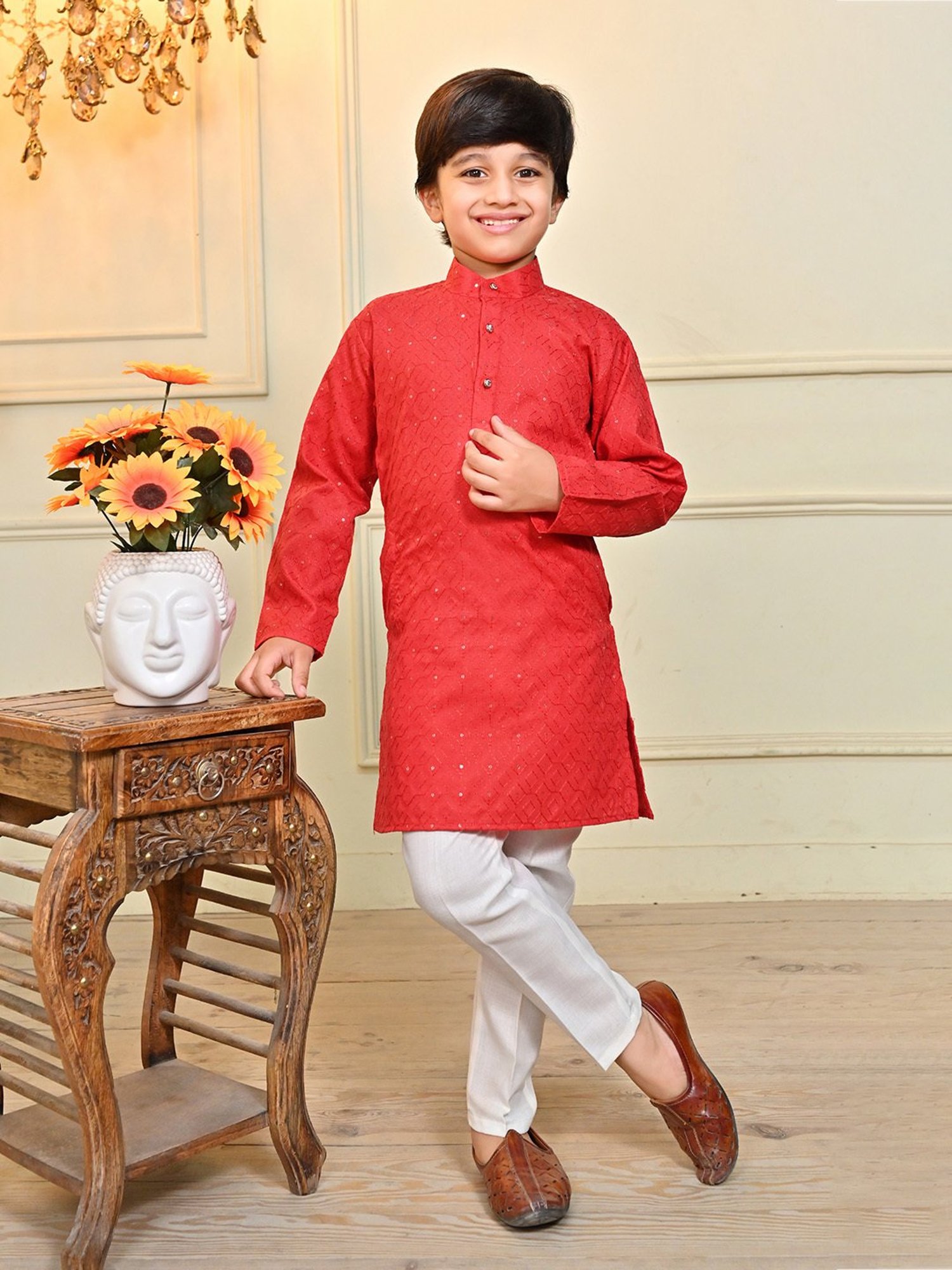 Ahhaaaa Kids Red & White Embellished Full Sleeves Kurta With Pyjamas