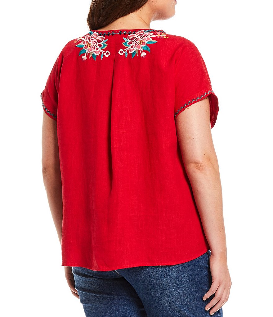 John Mark Plus Size Embroidered Dolman Short Sleeve Split Round Neck Linen Top