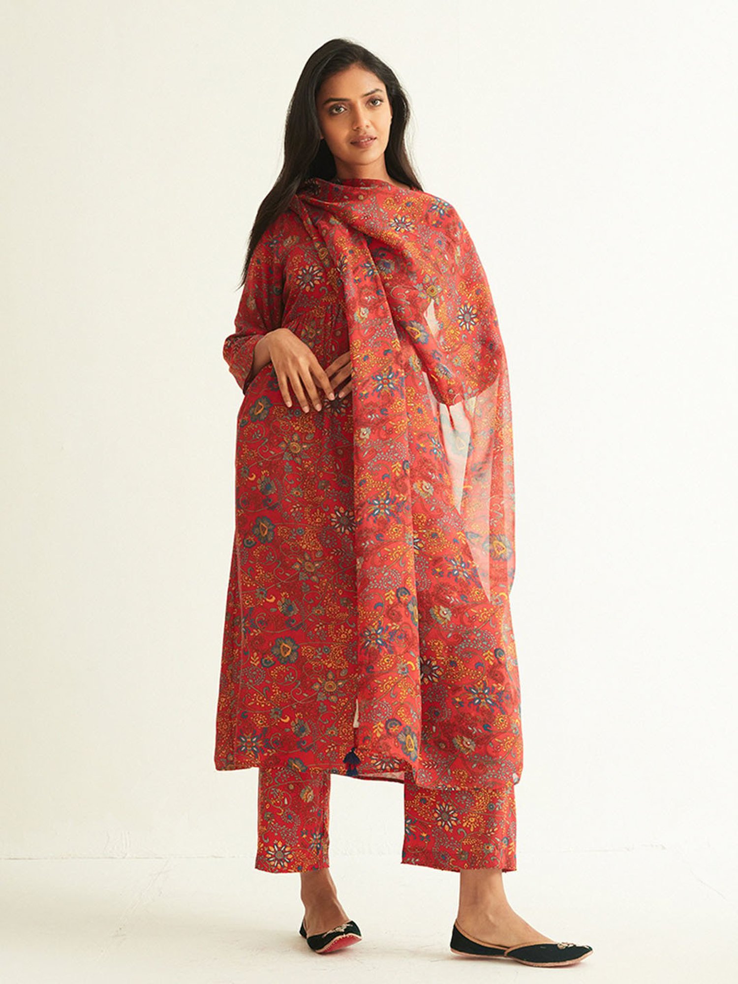 ANCESTRY Red Printed Dupatta