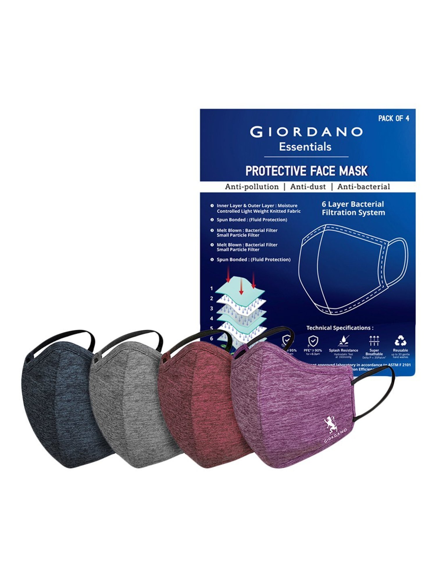 Giordano 6 Layered Reusable Face Mask - Pack of 4