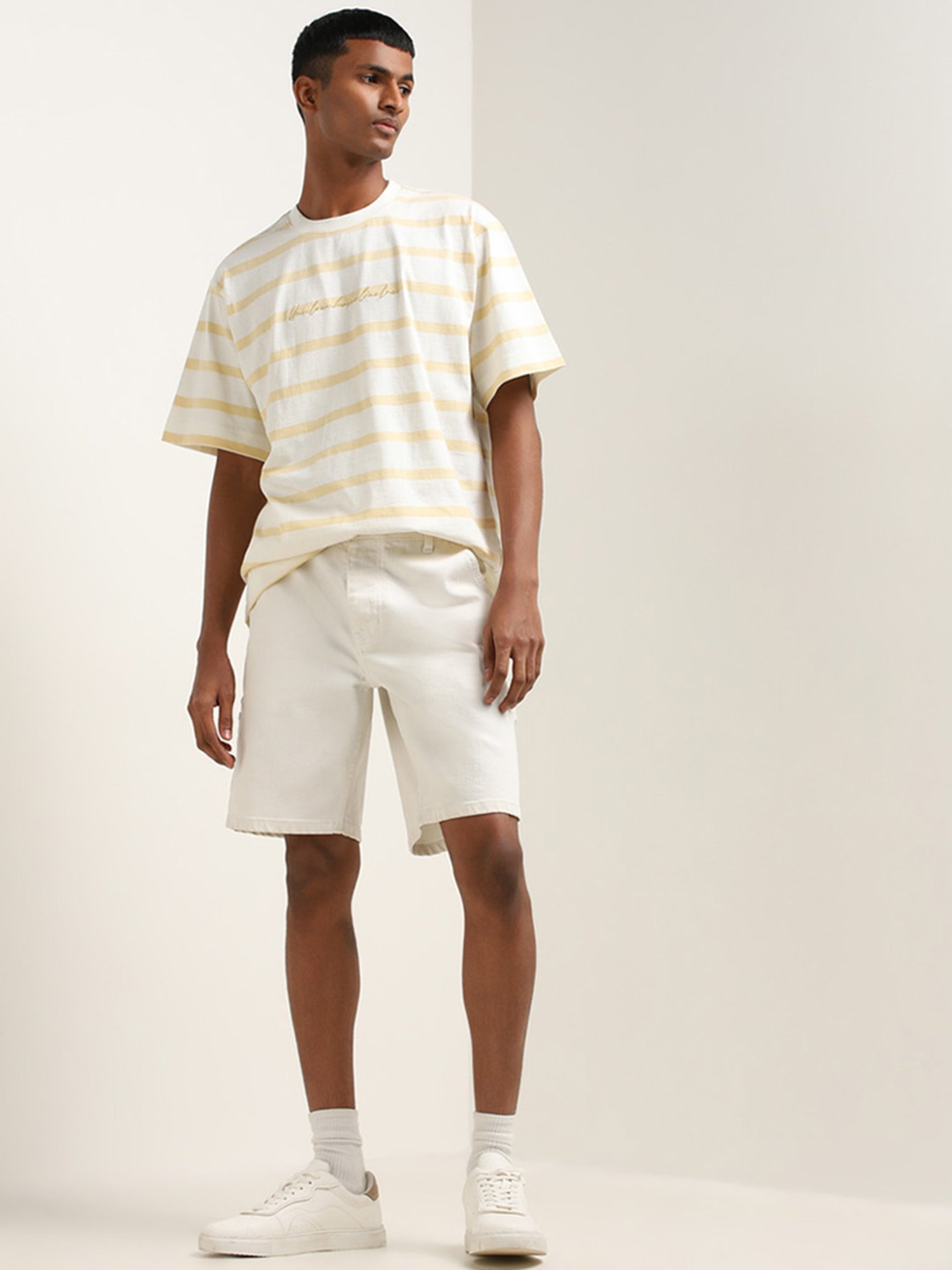 Nuon by Westside Yellow Striped Relaxed-Fit Cotton T-Shirt