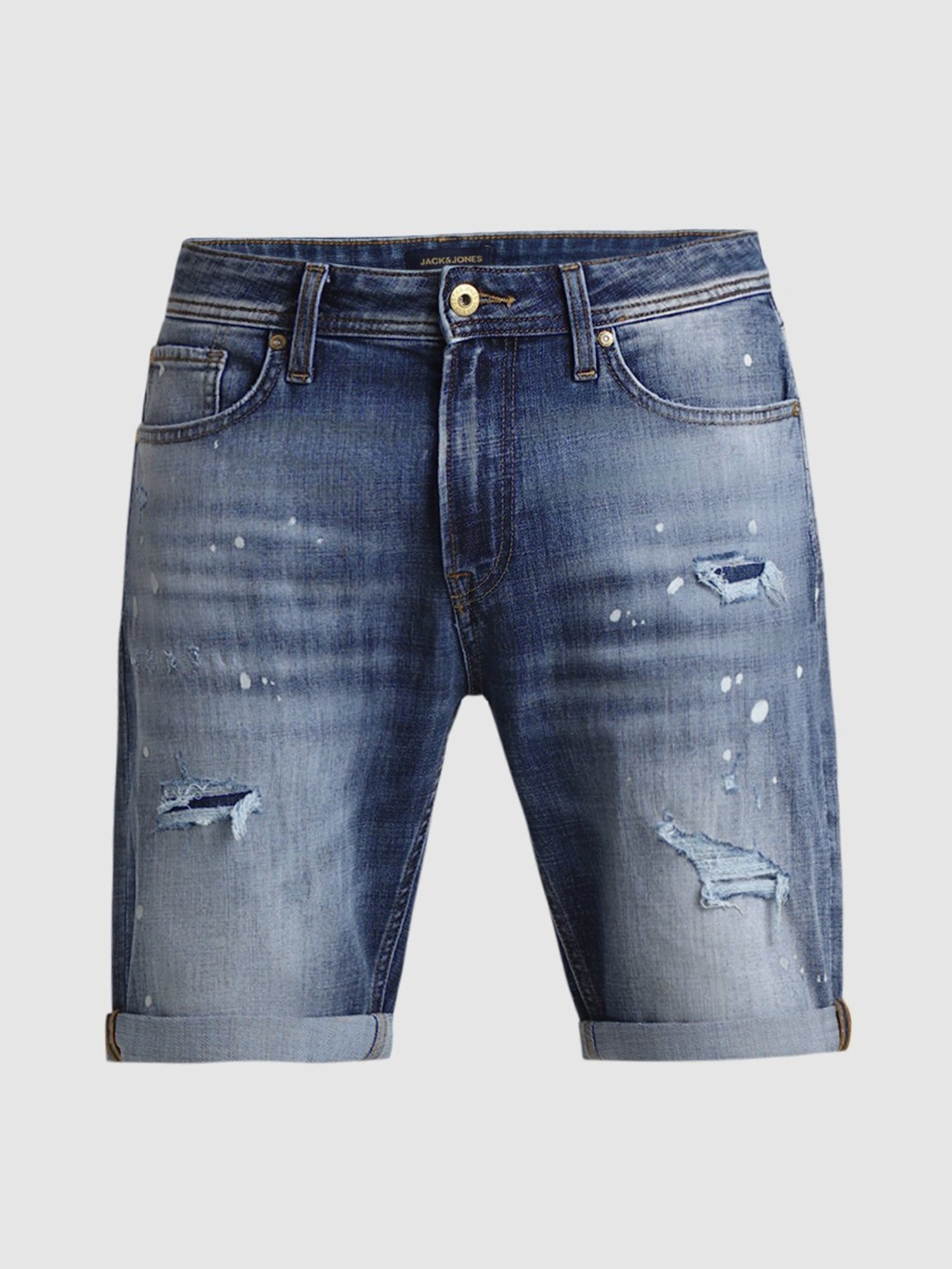 Jack & Jones Medium Blue Denim Cotton Regular Fit Distressed Denim Shorts